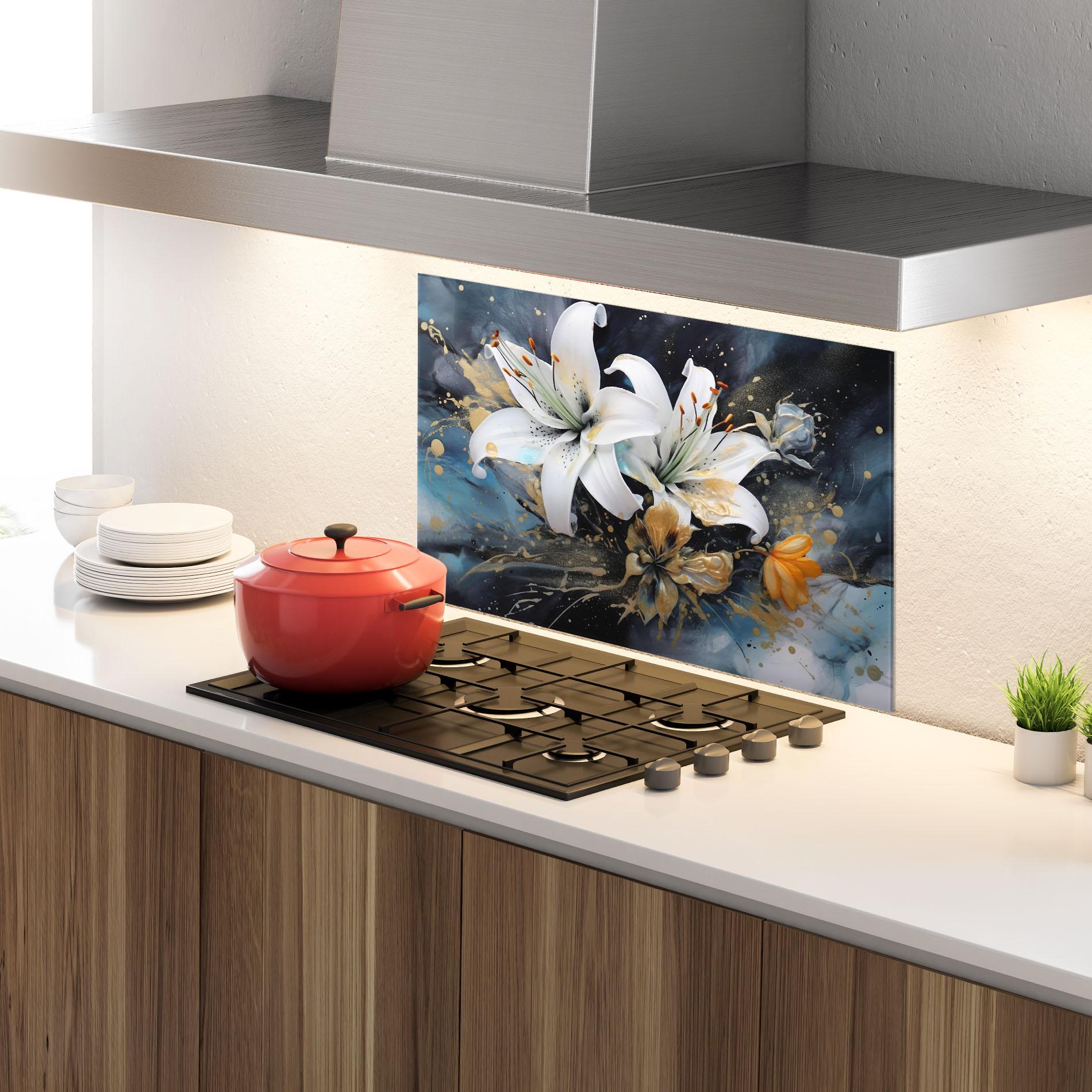 Küchenrückwand Glas Lily On Blue Painting mockup 4