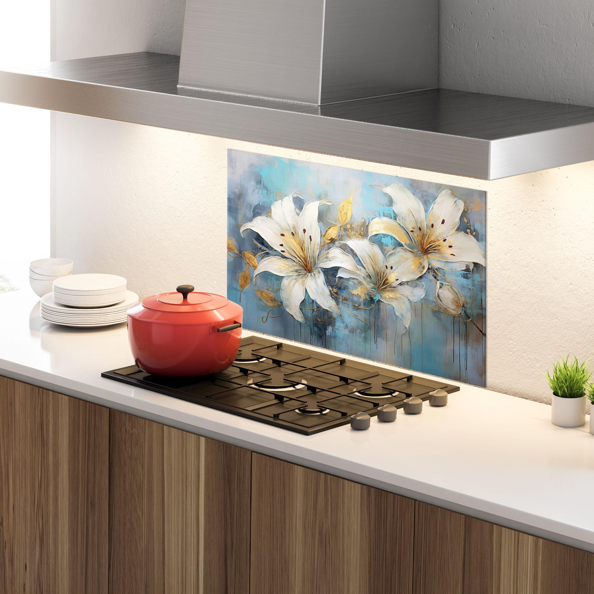Küchenrückwand Glas Lily With Gold Painting mockup 4