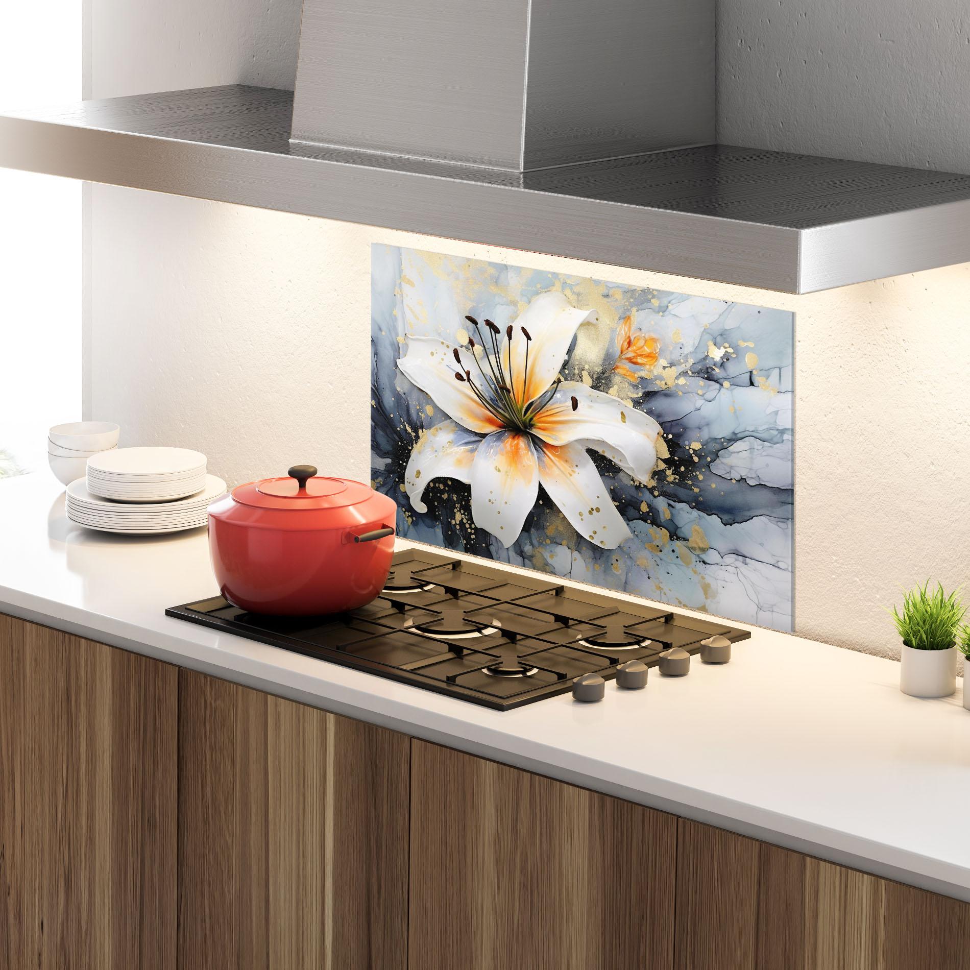 Küchenrückwand Glas Lily With Orange Painting mockup 4