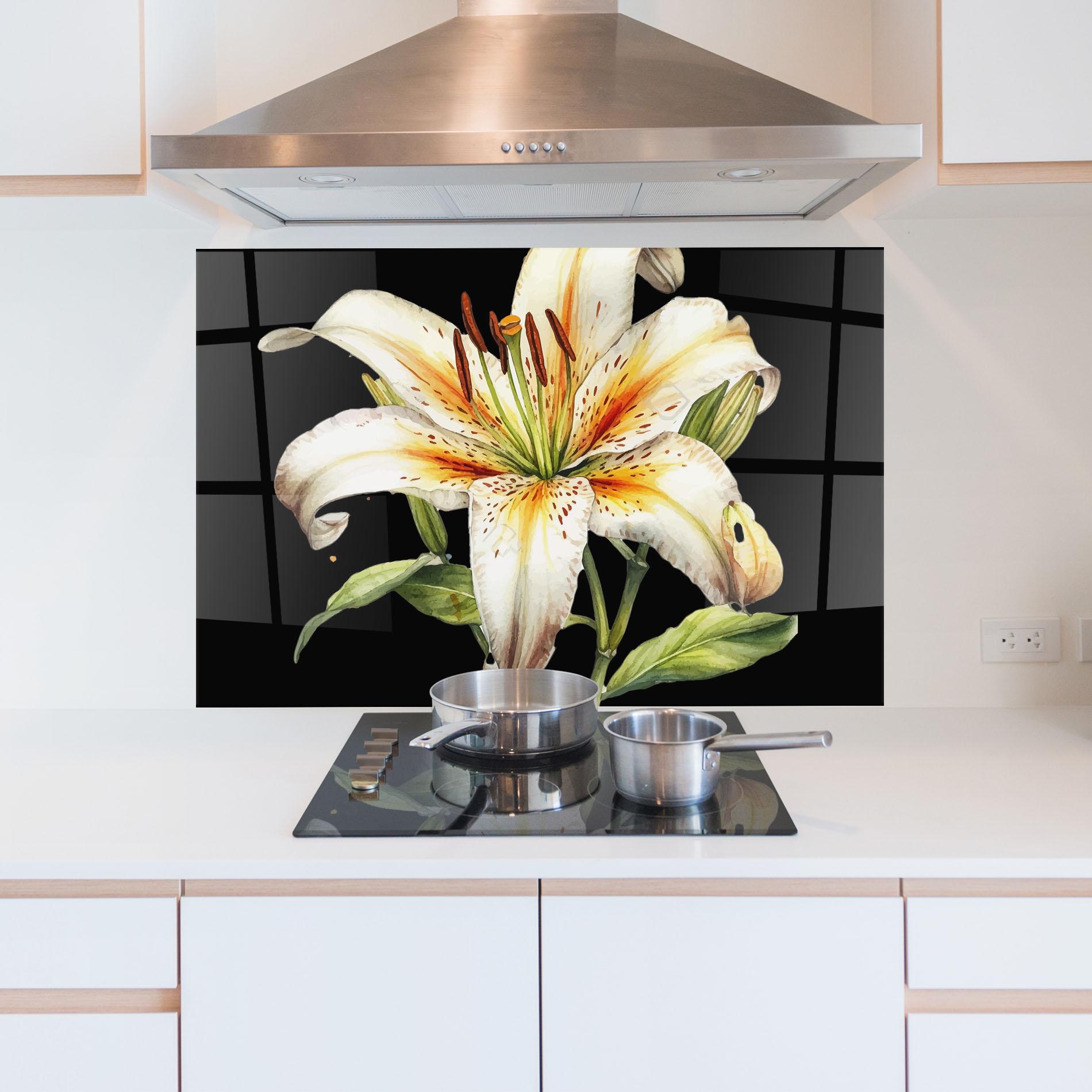 Küchenrückwand Glas Beautiful White Lily mockup 5