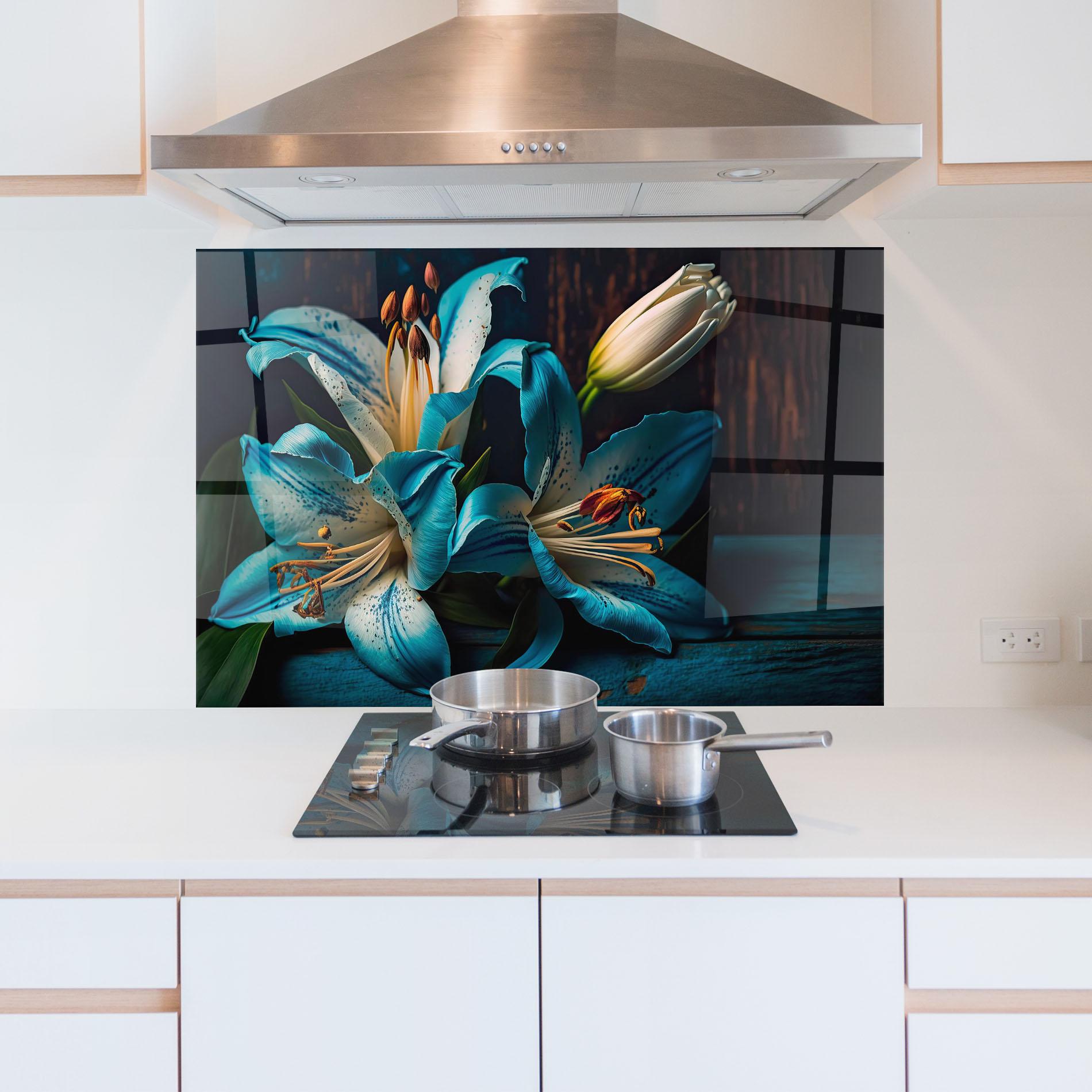 Küchenrückwand Glas Blue Lily mockup 5