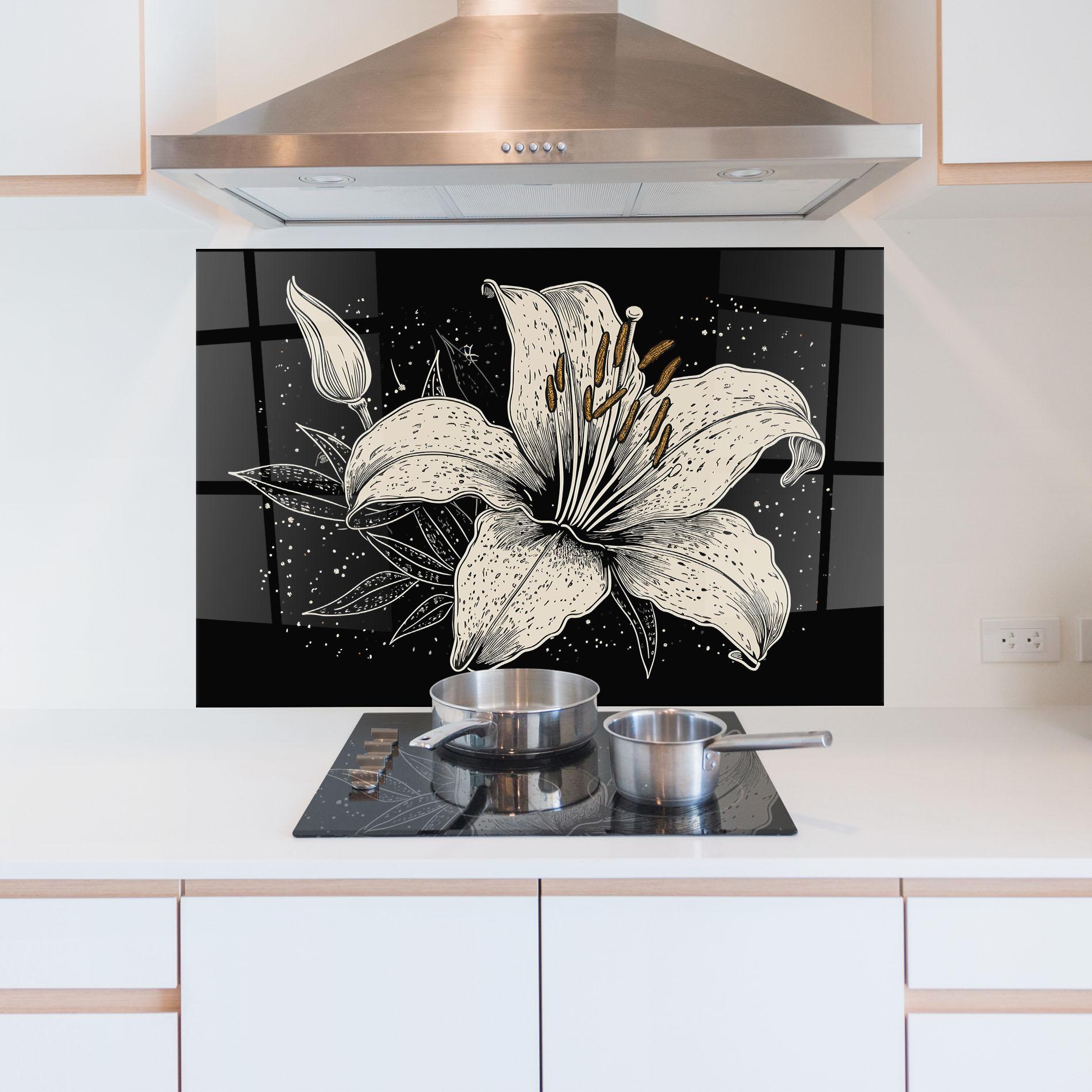 Küchenrückwand Glas Cream Black Lily mockup 5