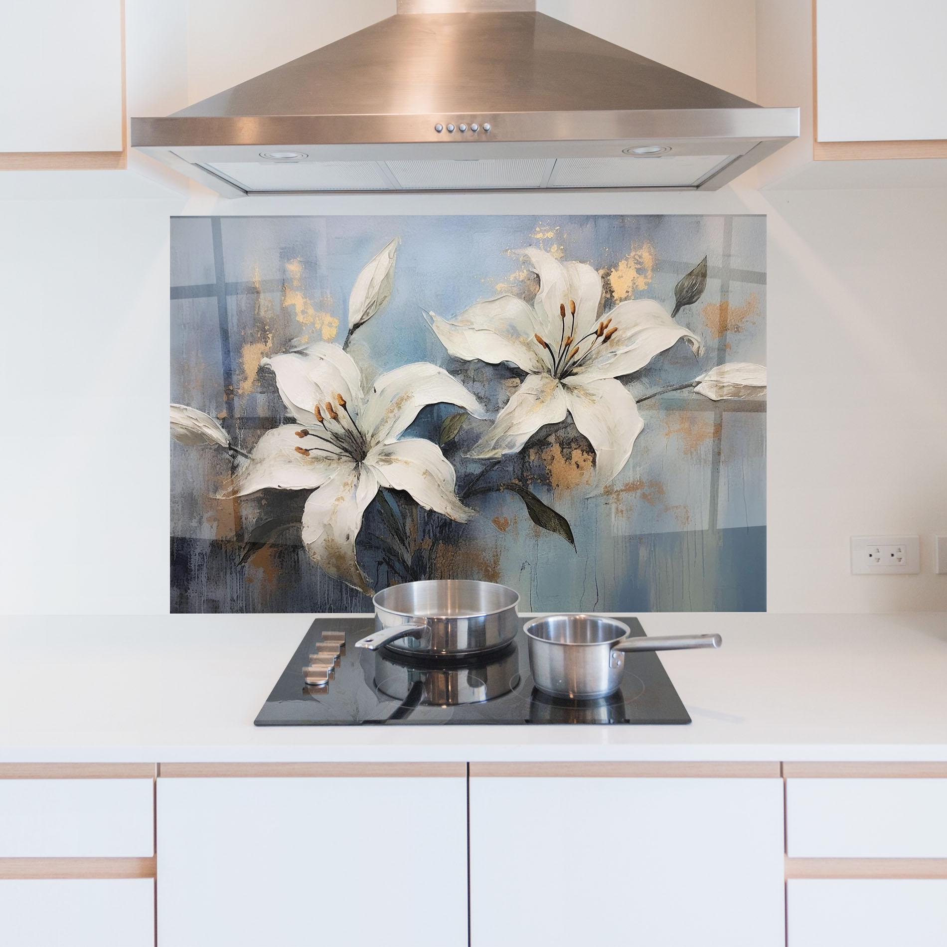 Küchenrückwand Glas Gold Lily Painting mockup 5