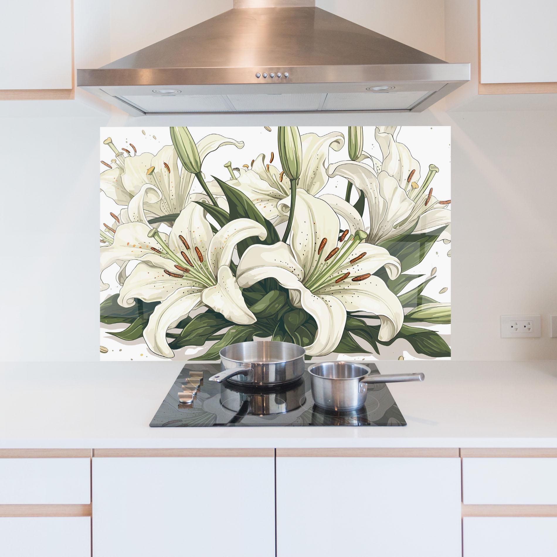 Küchenrückwand Glas Grey White Lily mockup 5