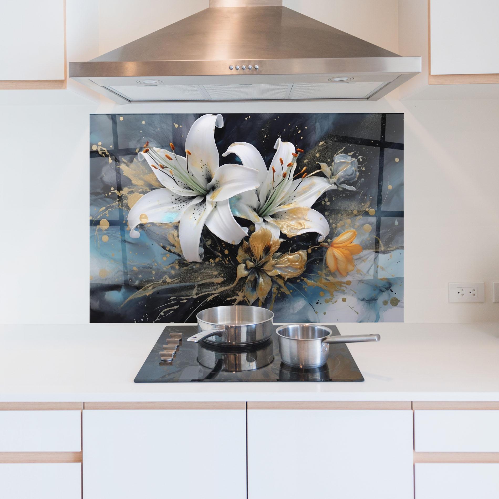 Küchenrückwand Glas Lily On Blue Painting mockup 5