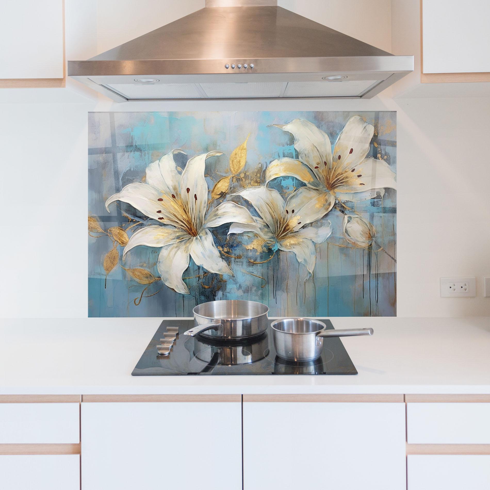 Küchenrückwand Glas Lily With Gold Painting mockup 5