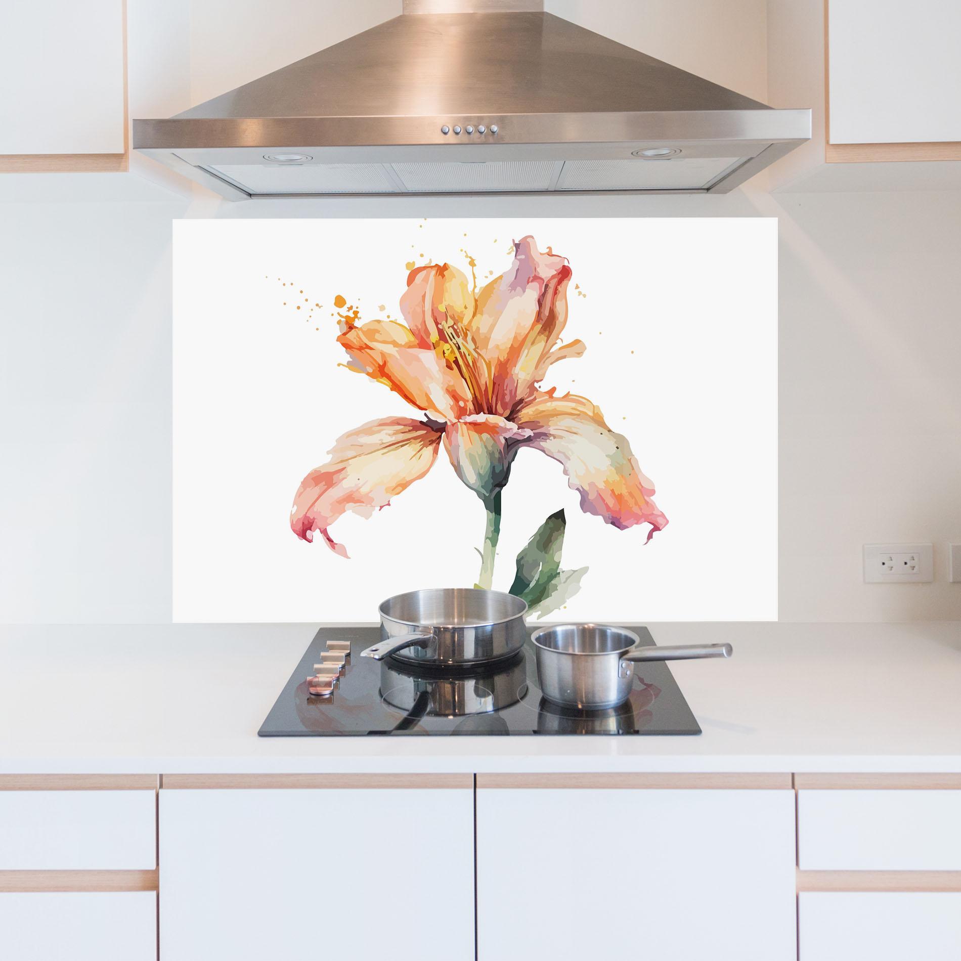 Küchenrückwand Glas Orange Purple Lily mockup 5