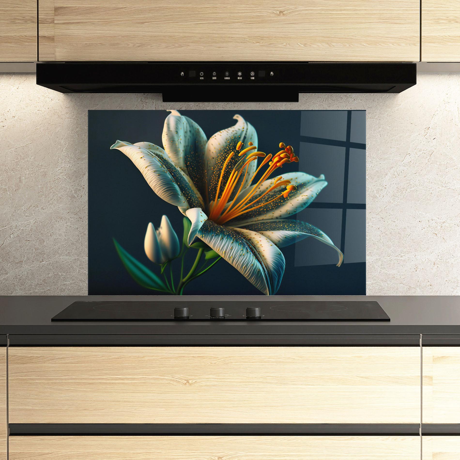 Küchenrückwand Glas Blue Grey Lily mockup 3