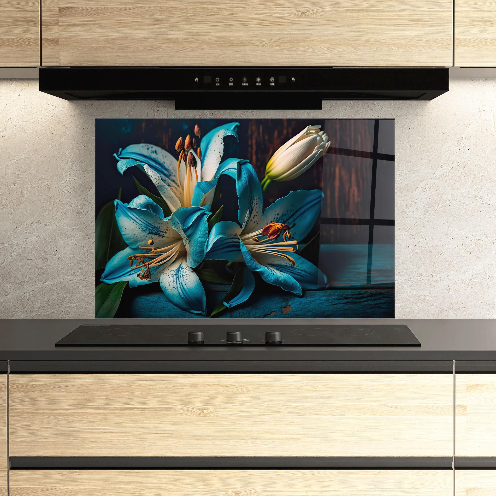 Küchenrückwand Glas Blue Lily mockup 3