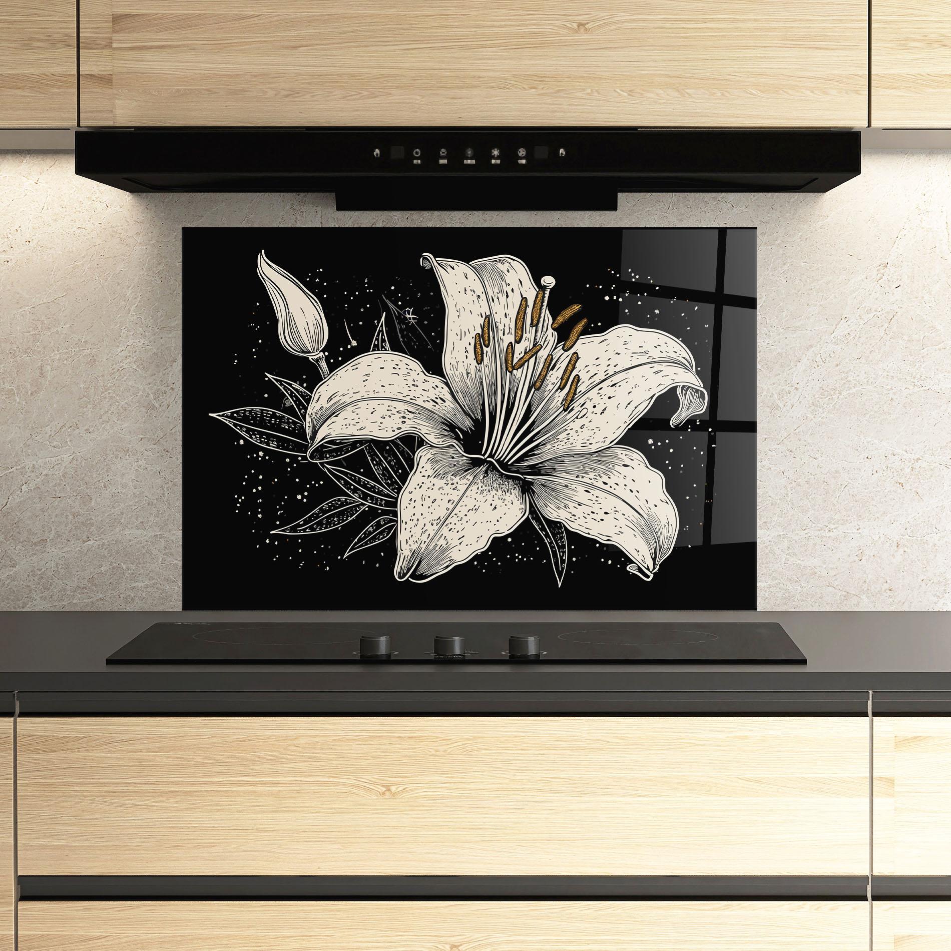 Küchenrückwand Glas Cream Black Lily mockup 3