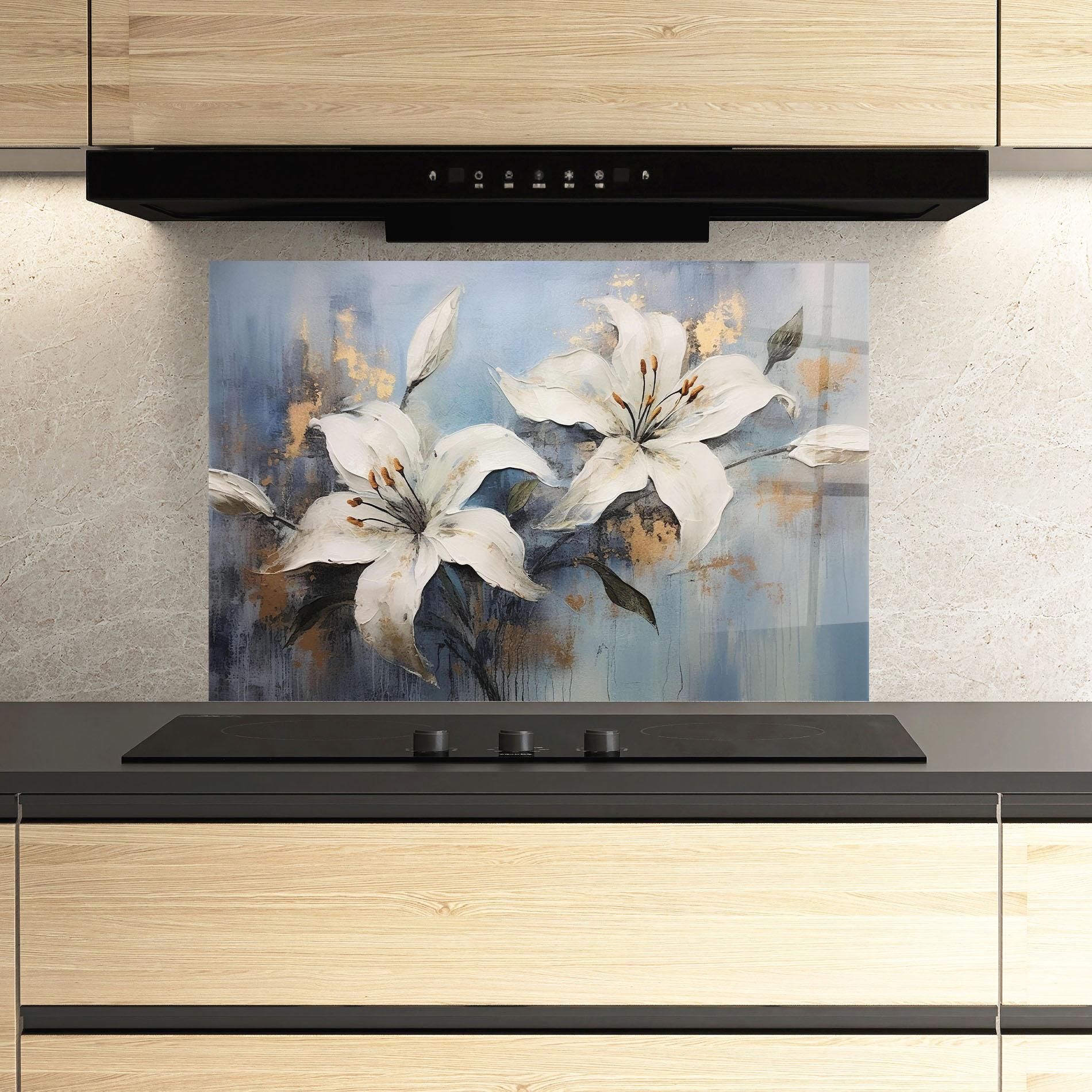 Küchenrückwand Glas Gold Lily Painting mockup 3
