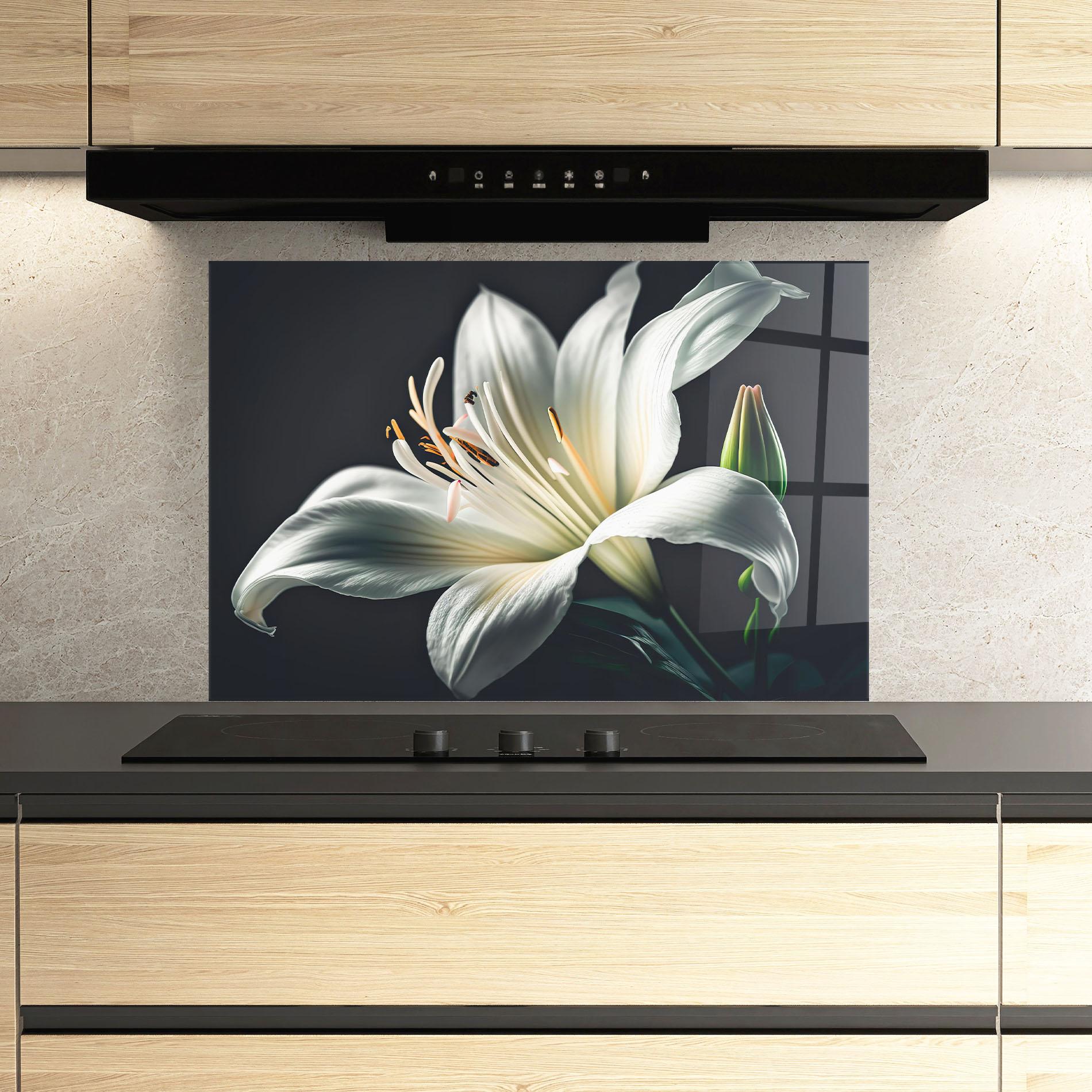 Küchenrückwand Glas Light Grey Lily mockup 3