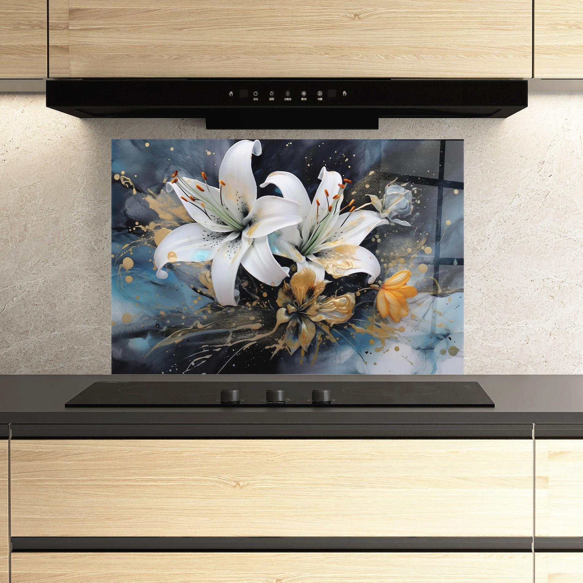 Küchenrückwand Glas Lily On Blue Painting mockup 3