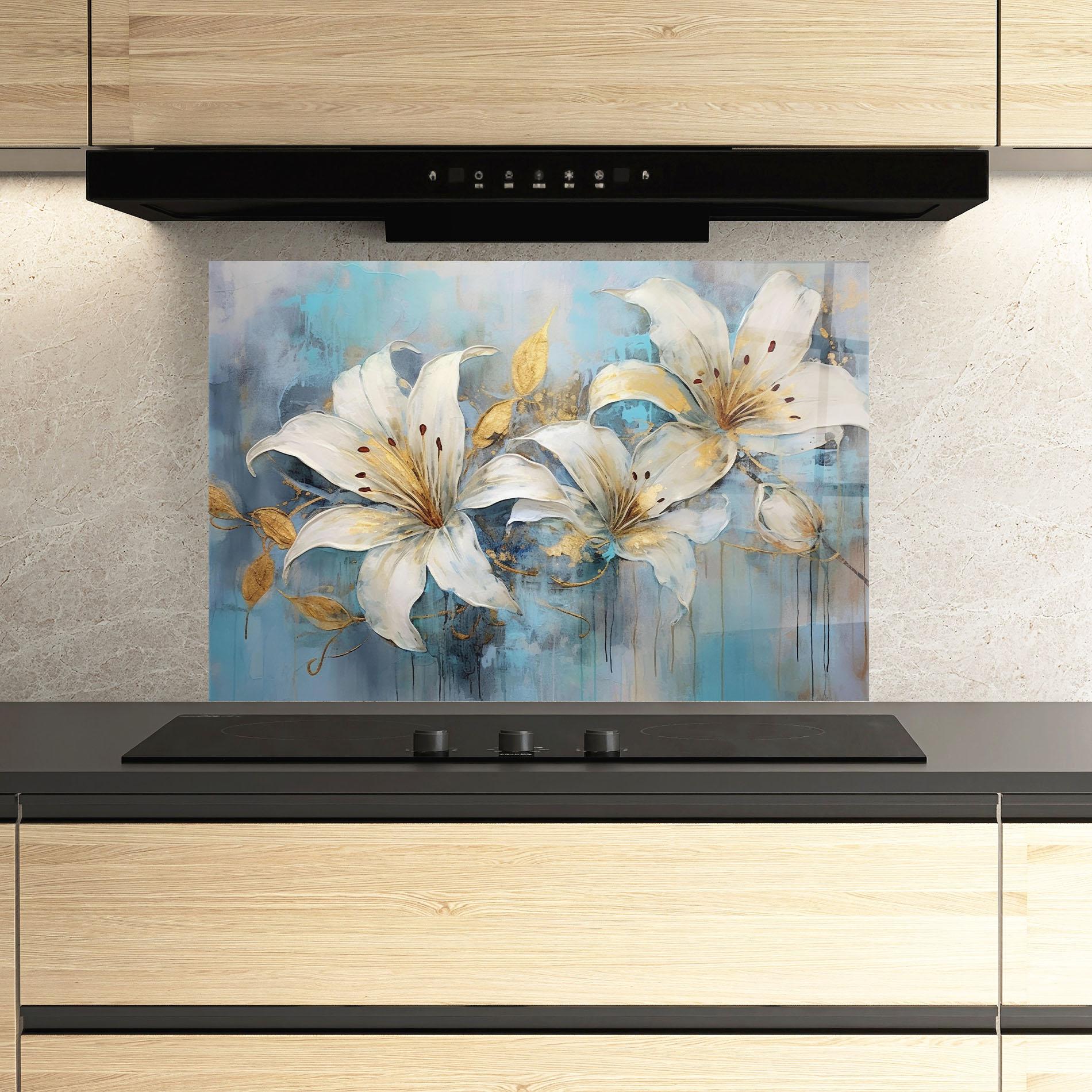 Küchenrückwand Glas Lily With Gold Painting mockup 3