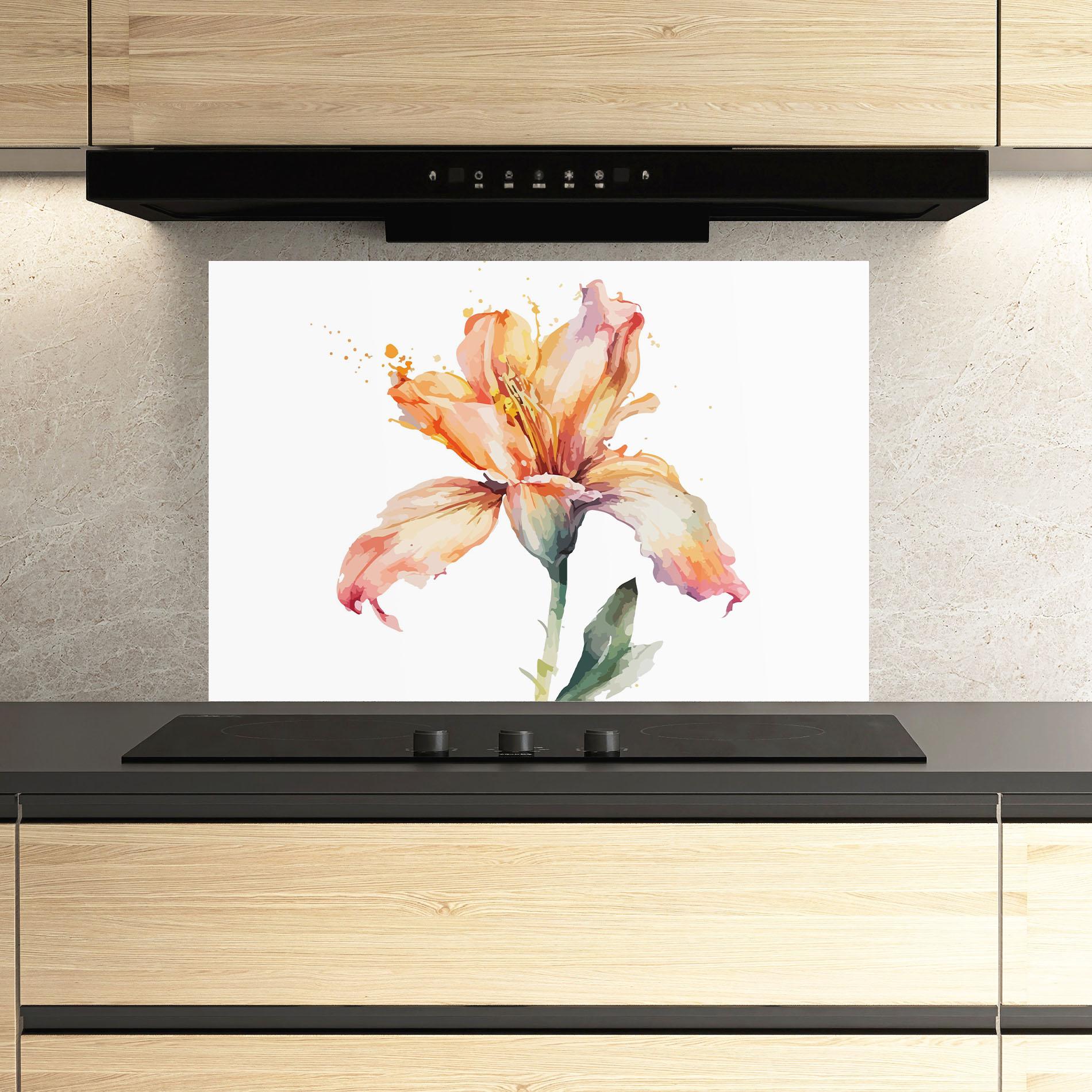 Küchenrückwand Glas Orange Purple Lily mockup 3
