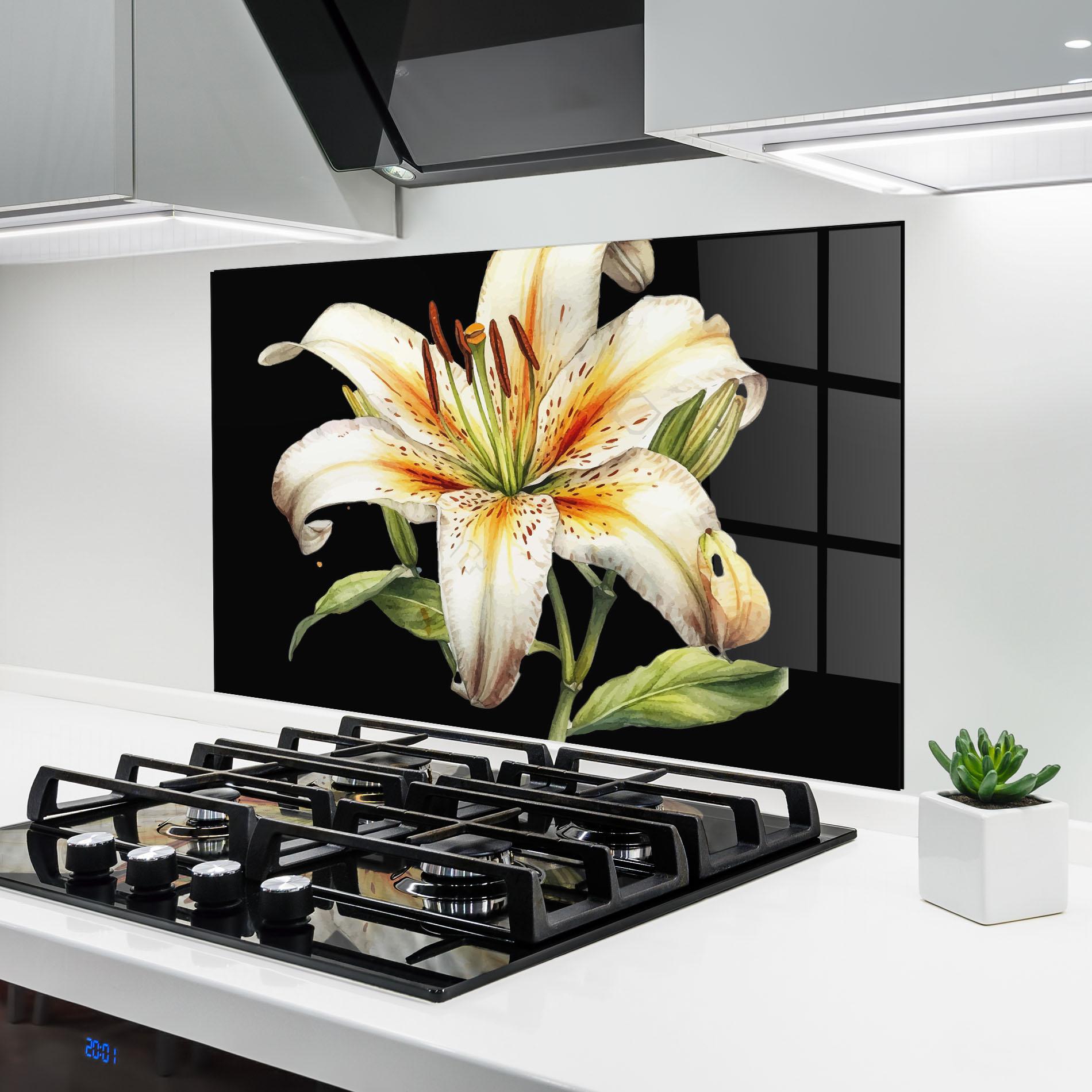 Küchenrückwand Glas Beautiful White Lily mockup 6