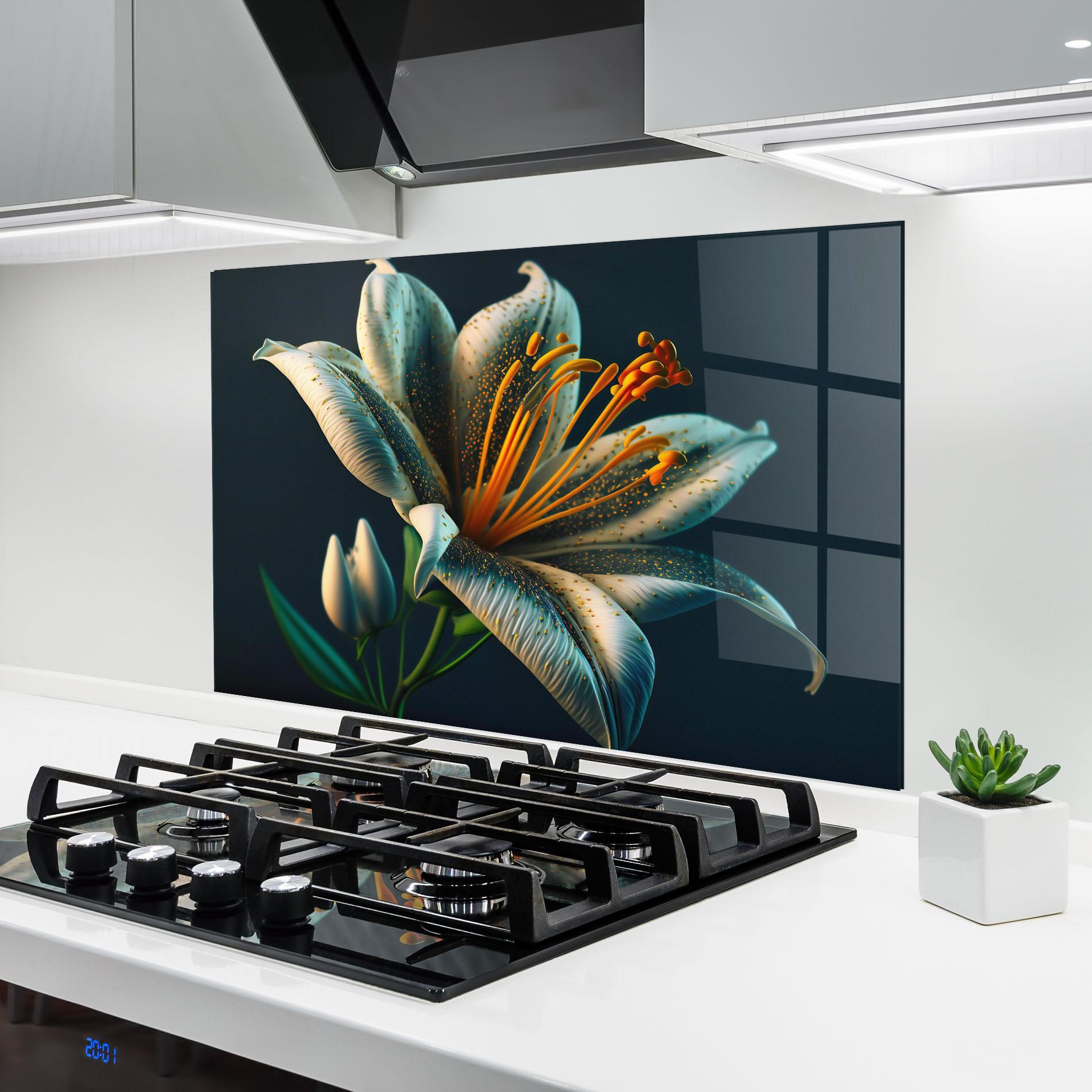 Küchenrückwand Glas Blue Grey Lily mockup 6
