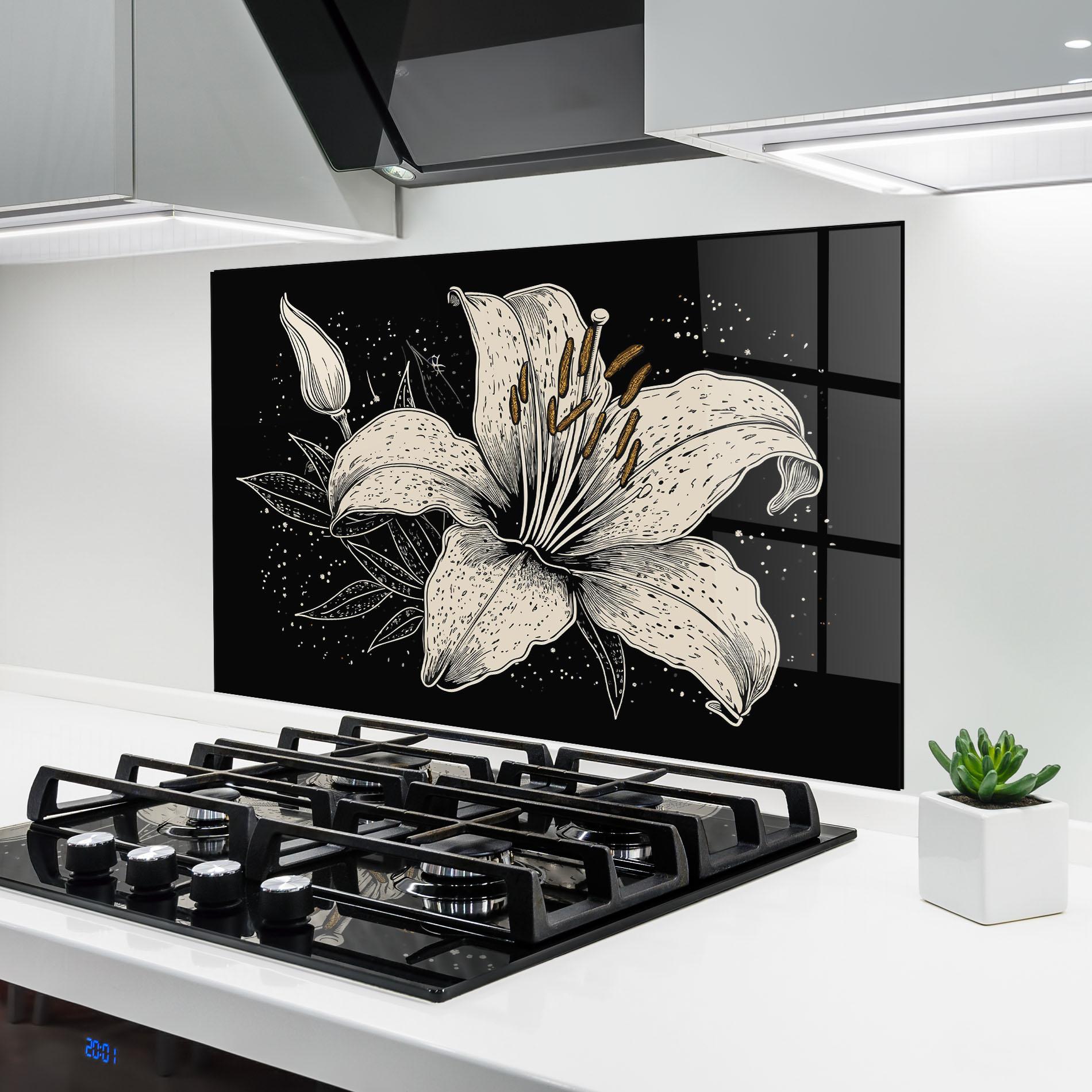 Küchenrückwand Glas Cream Black Lily mockup 6