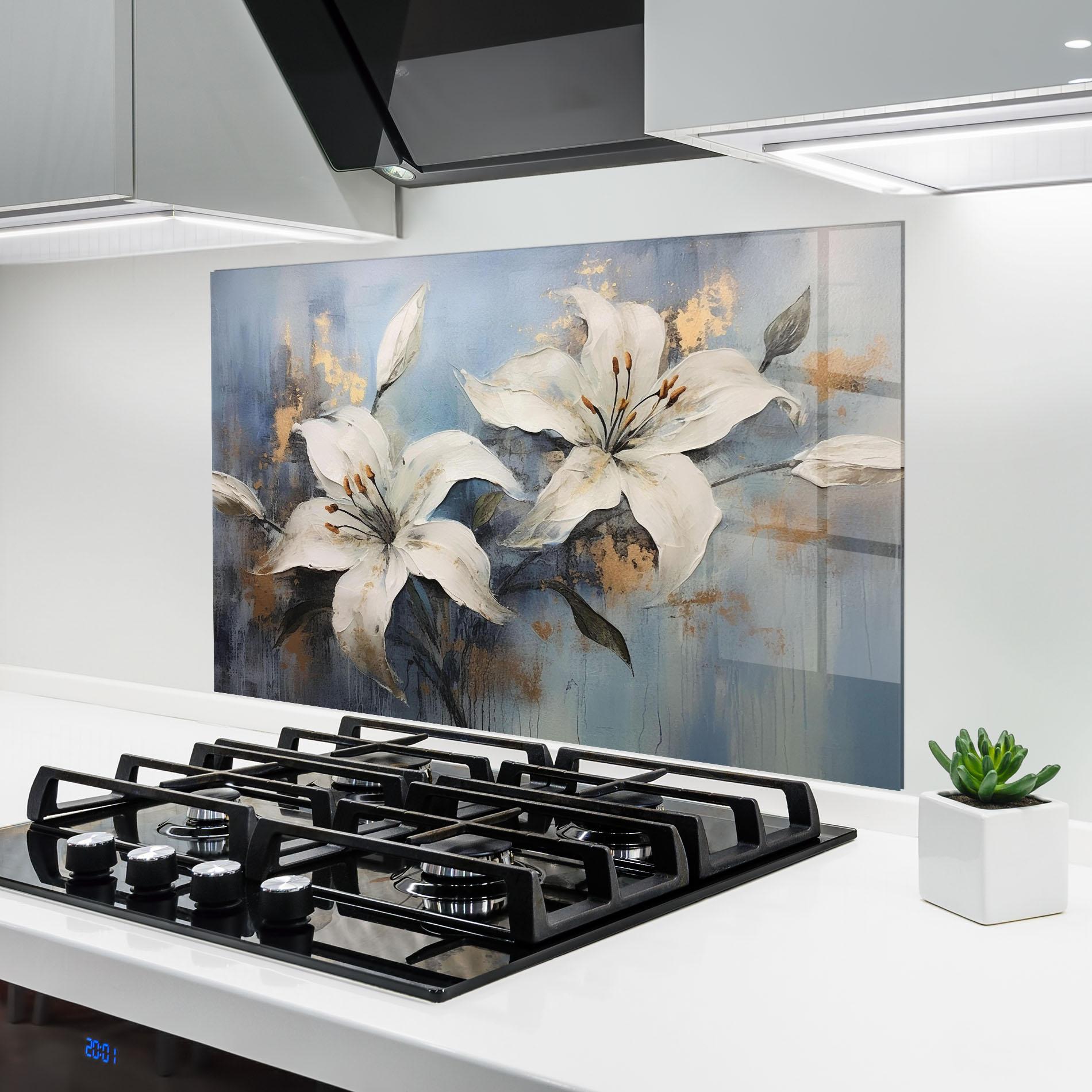 Küchenrückwand Glas Gold Lily Painting mockup 6