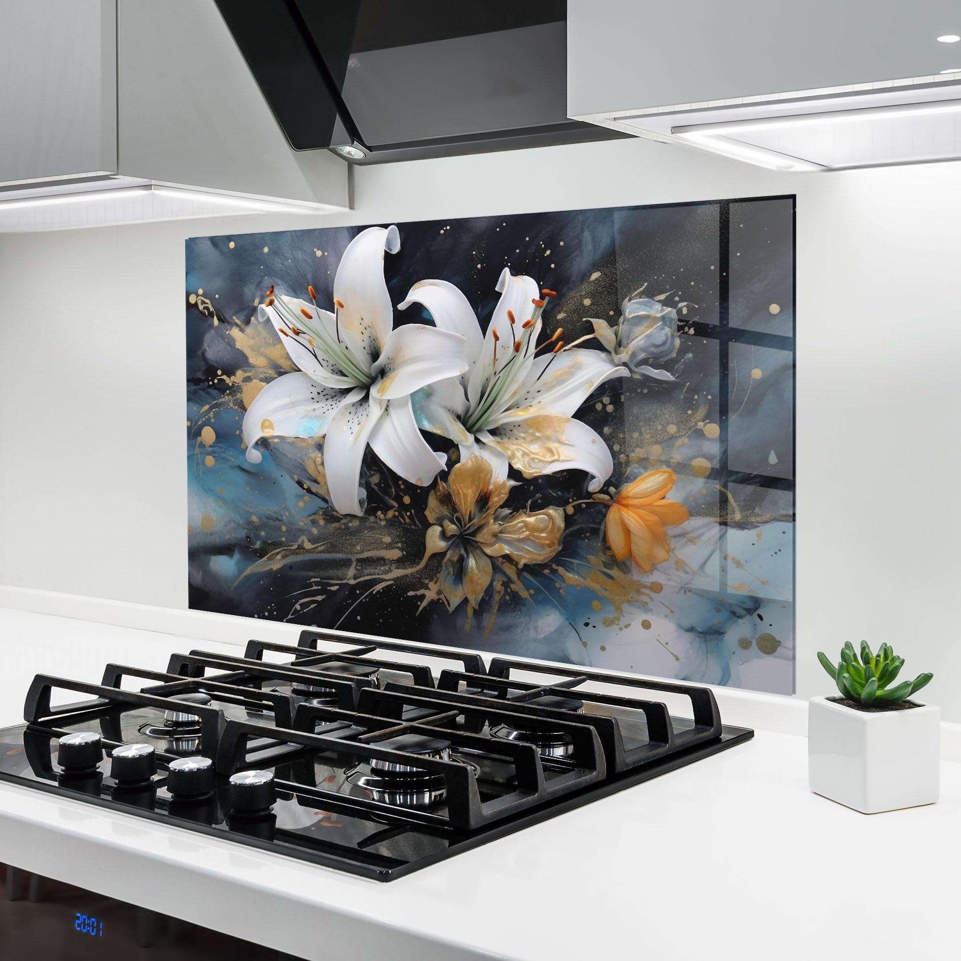 Küchenrückwand Glas Lily On Blue Painting mockup 6