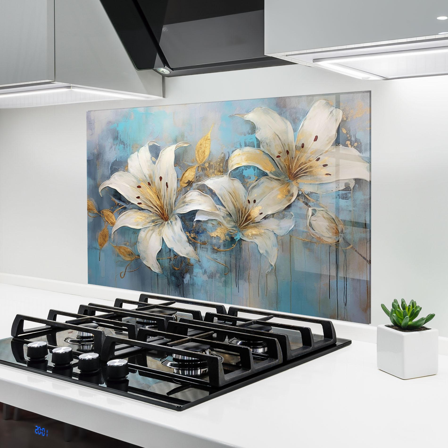 Küchenrückwand Glas Lily With Gold Painting mockup 6