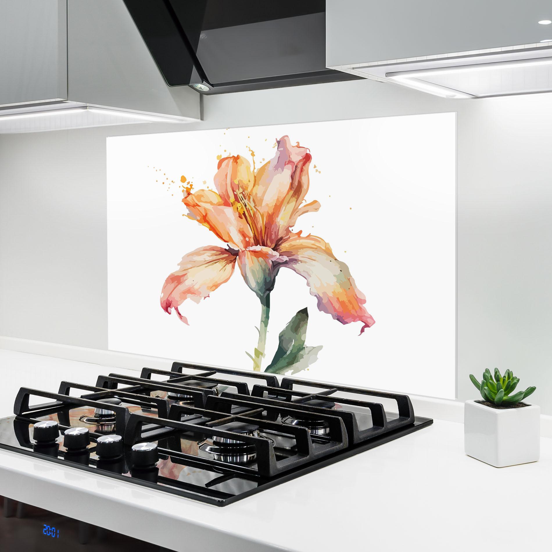 Küchenrückwand Glas Orange Purple Lily mockup 6