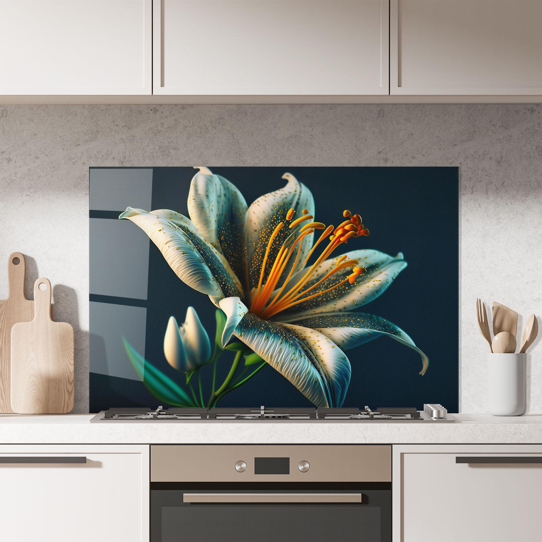 Küchenrückwand Glas Blue Grey Lily mockup 7