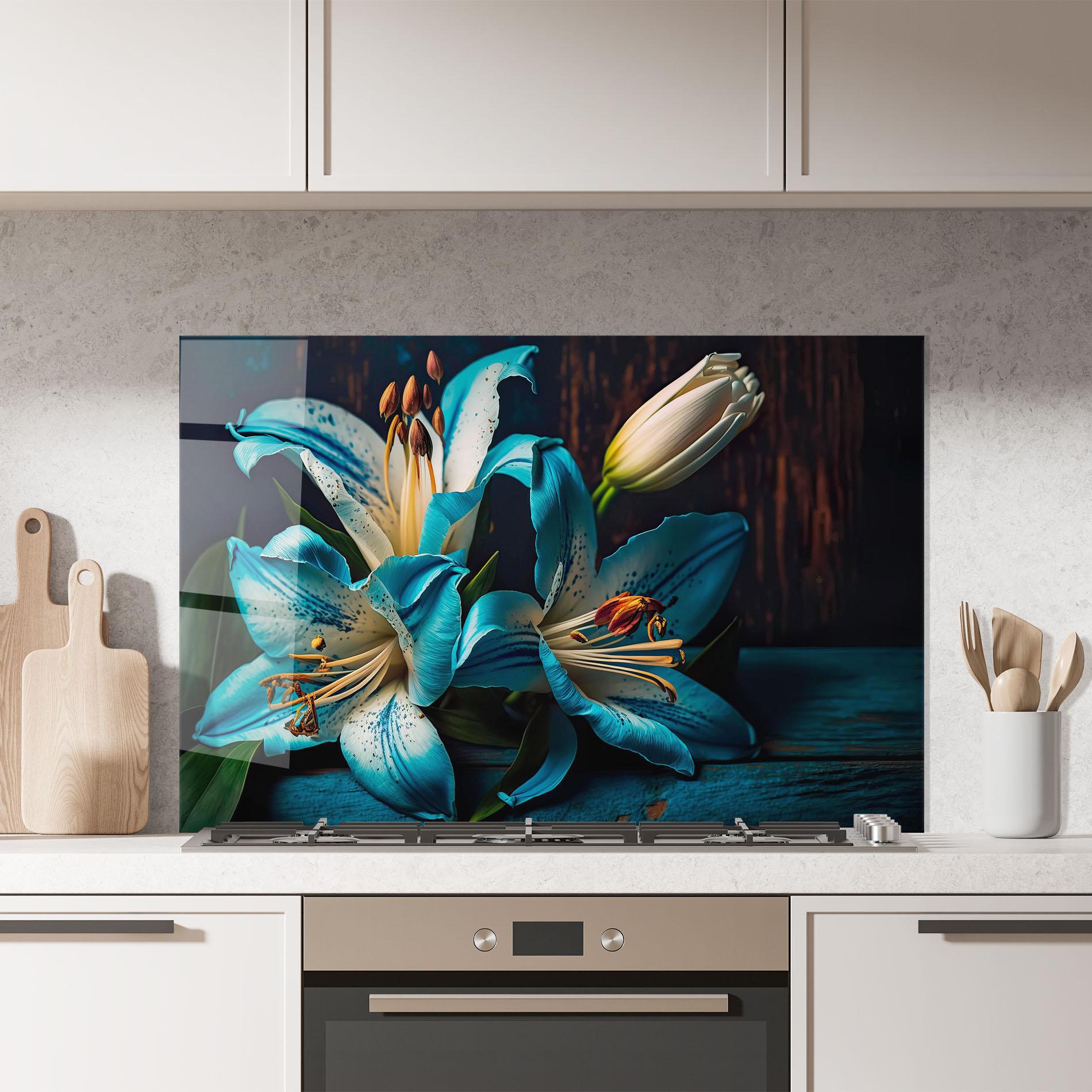 Küchenrückwand Glas Blue Lily mockup 7