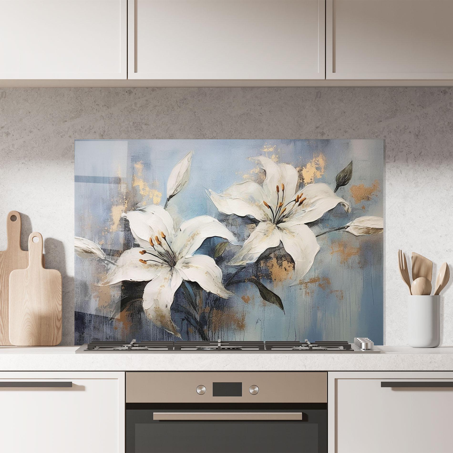 Küchenrückwand Glas Gold Lily Painting mockup 7