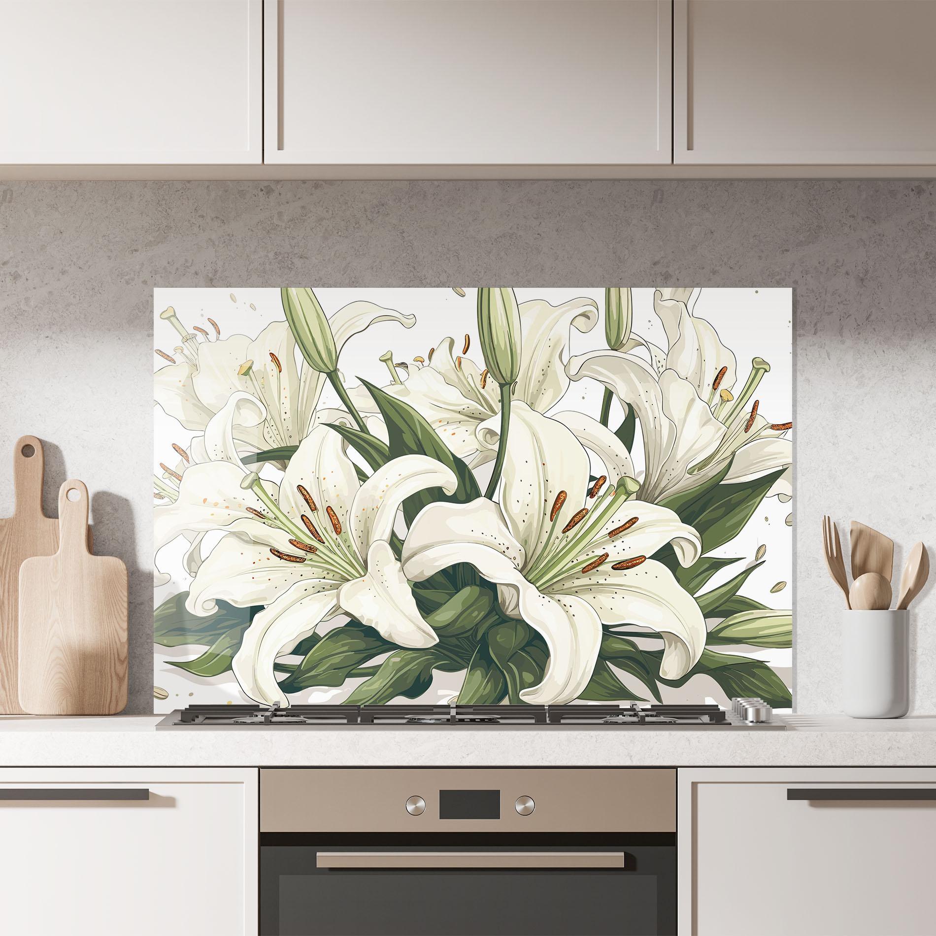 Küchenrückwand Glas Grey White Lily mockup 7