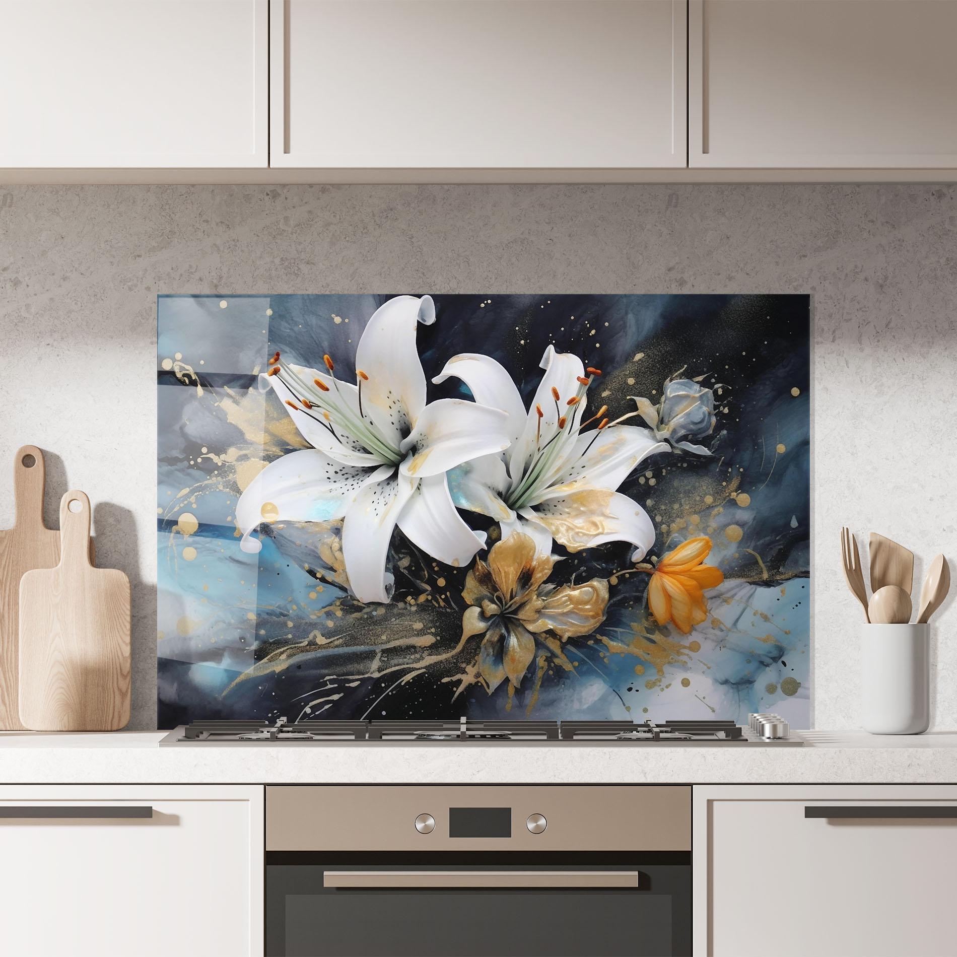 Küchenrückwand Glas Lily On Blue Painting mockup 7