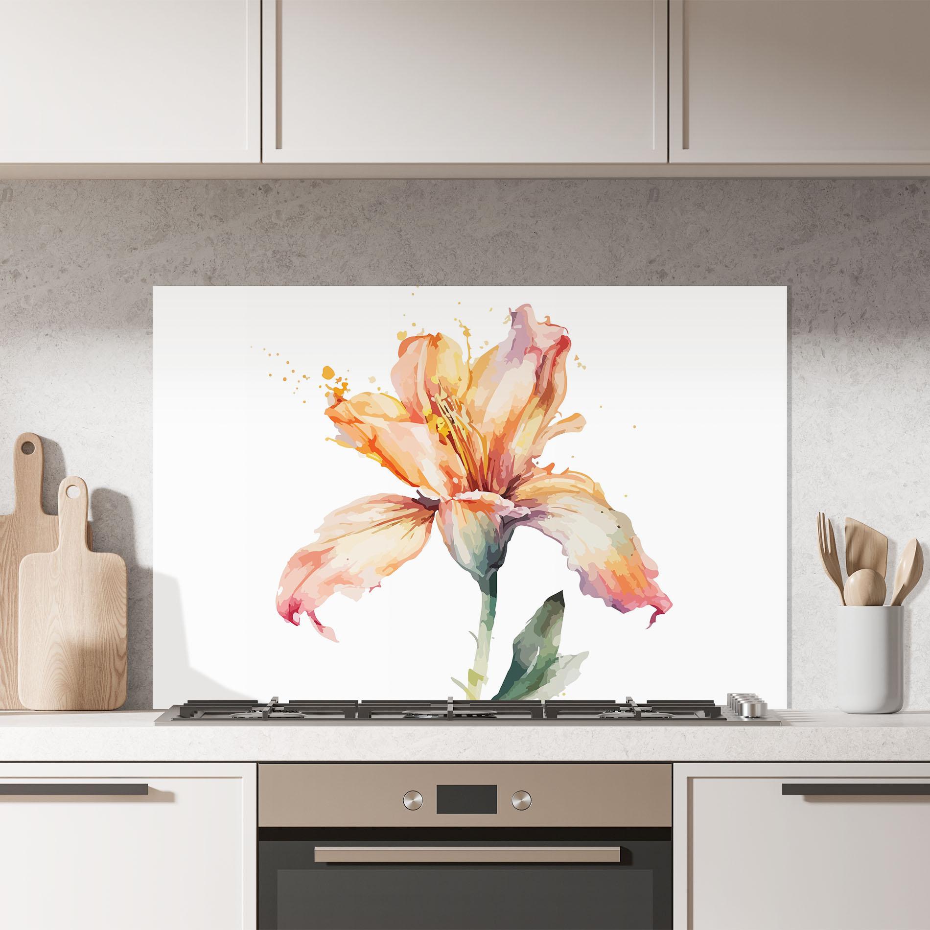 Küchenrückwand Glas Orange Purple Lily mockup 7