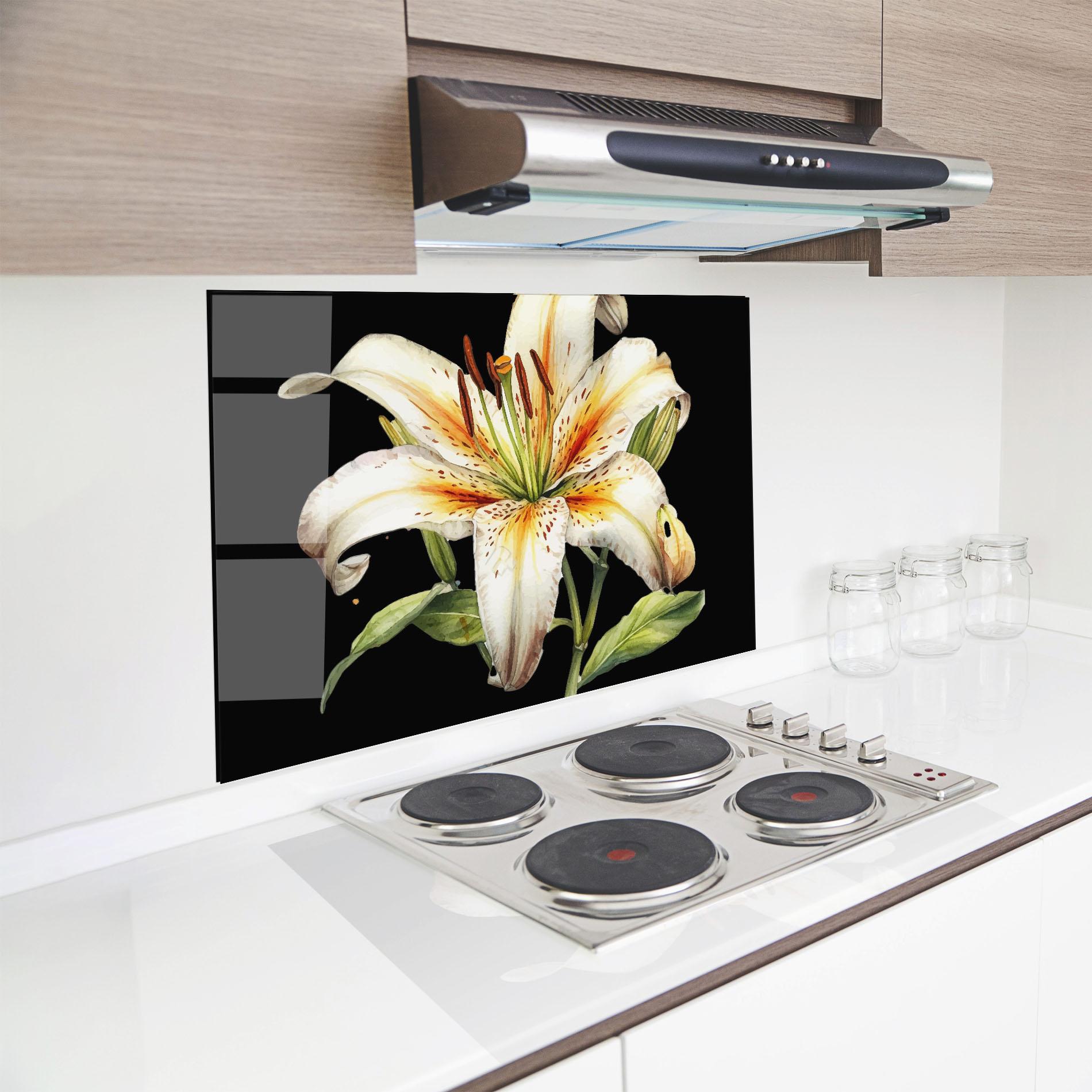 Küchenrückwand Glas Beautiful White Lily mockup 8
