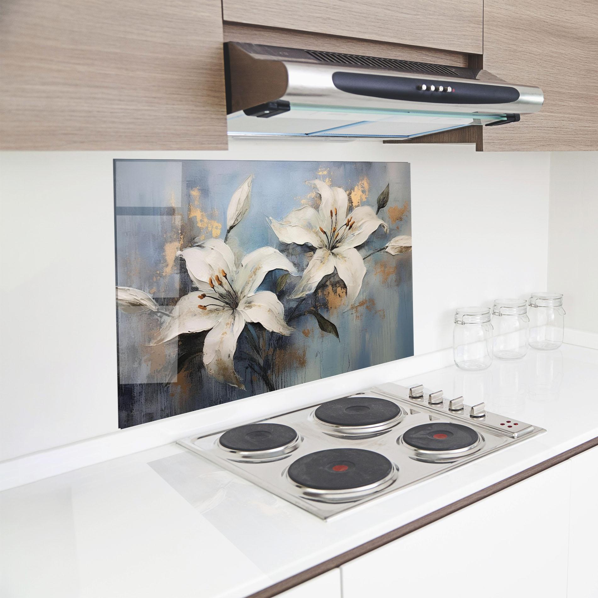Küchenrückwand Glas Gold Lily Painting mockup 8