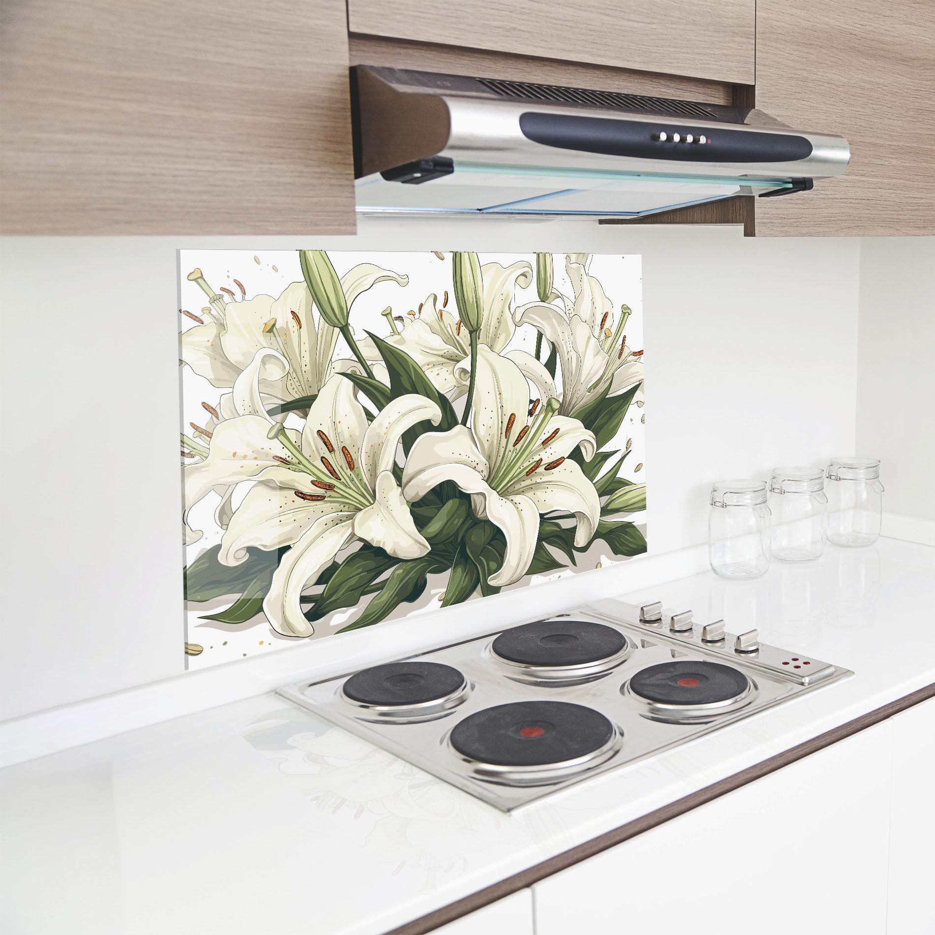 Küchenrückwand Glas Grey White Lily mockup 8