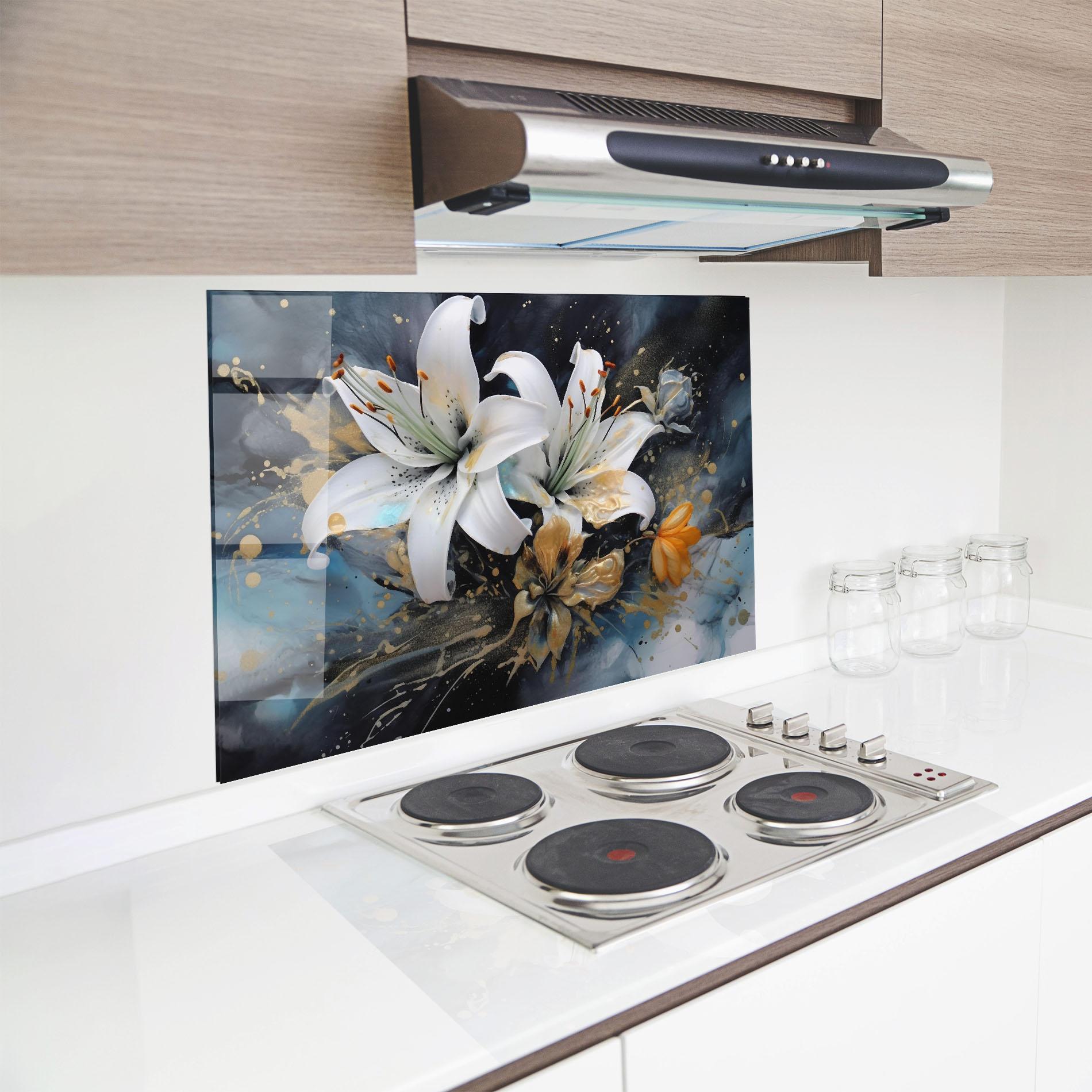 Küchenrückwand Glas Lily On Blue Painting mockup 8