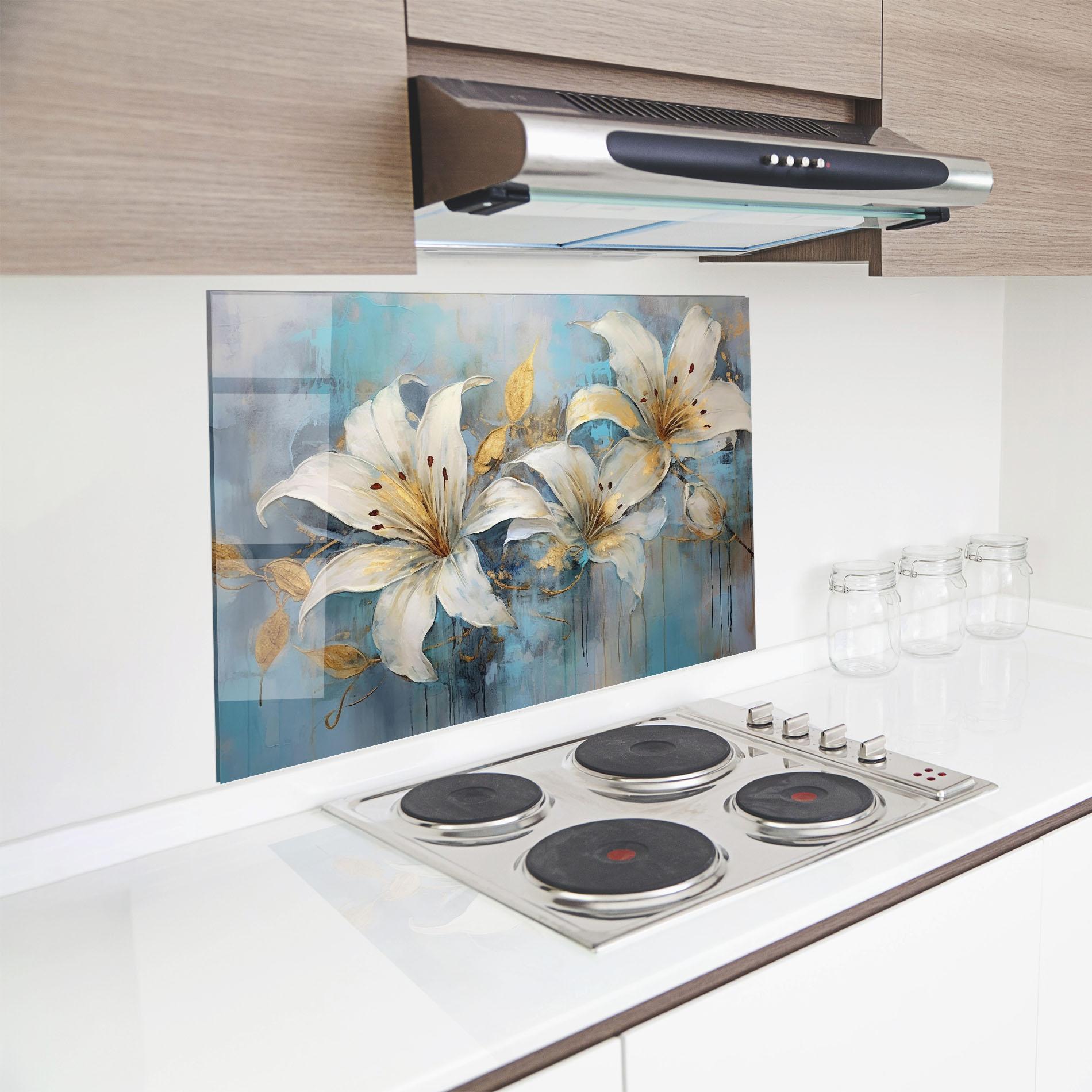 Küchenrückwand Glas Lily With Gold Painting mockup 8