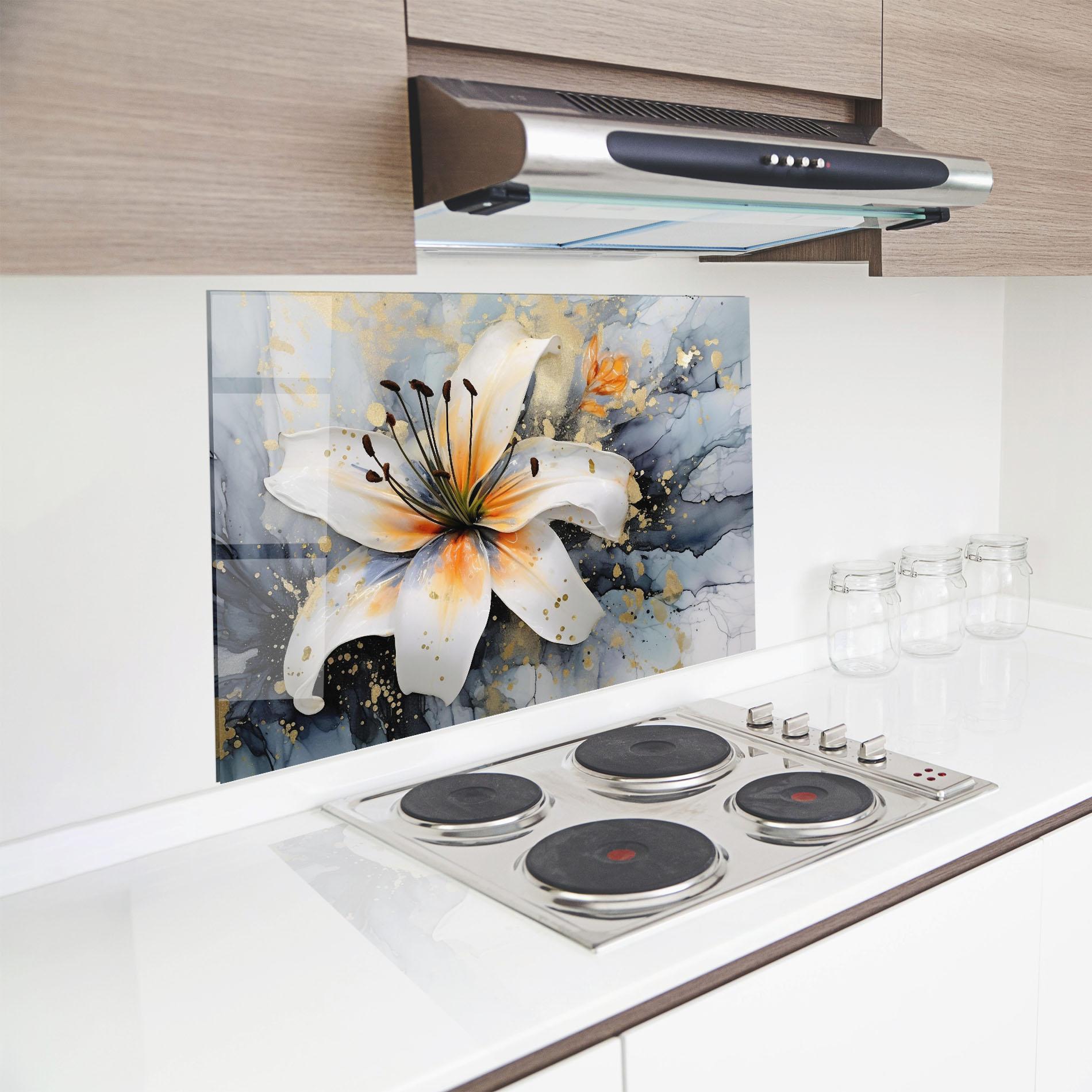 Küchenrückwand Glas Lily With Orange Painting mockup 8