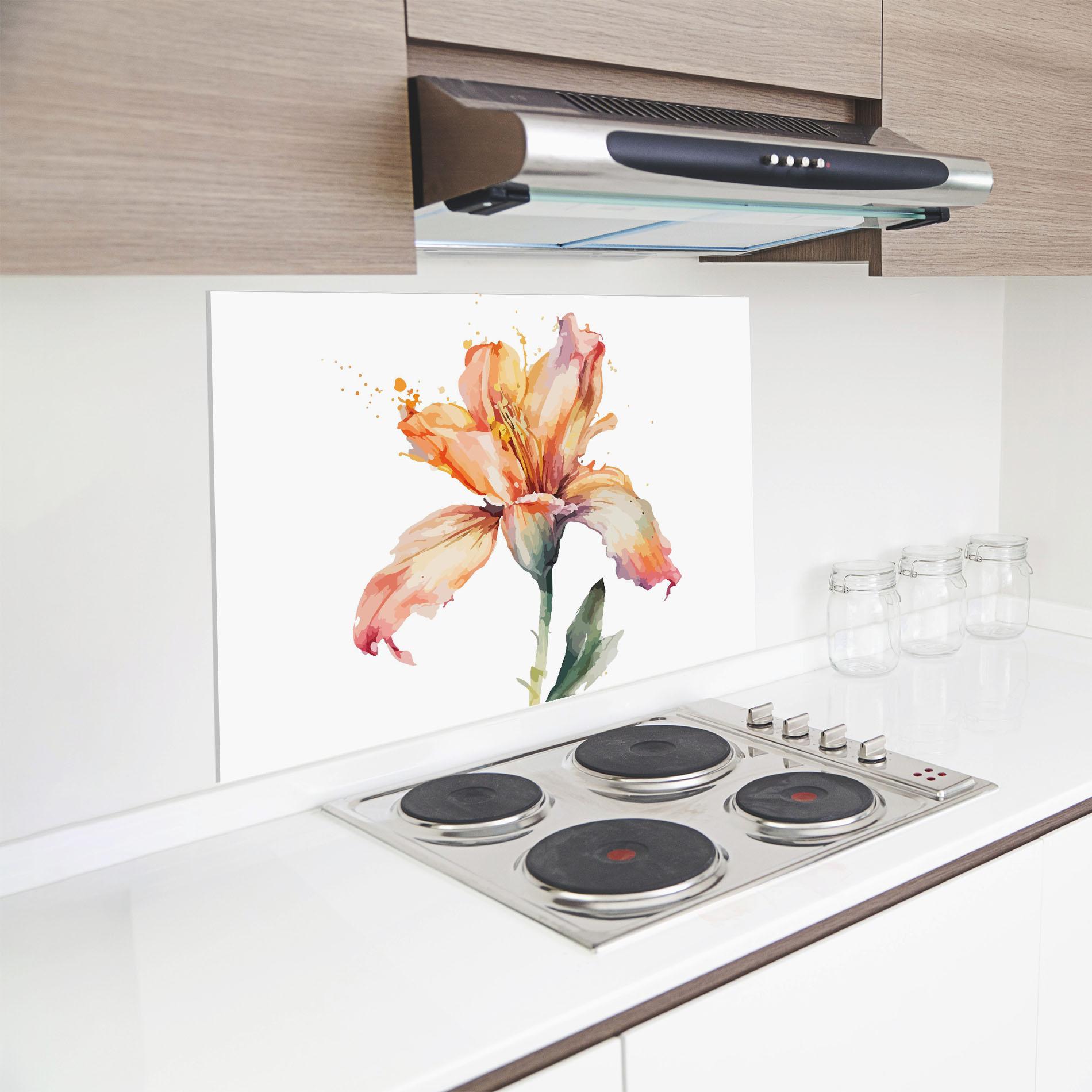Küchenrückwand Glas Orange Purple Lily mockup 8