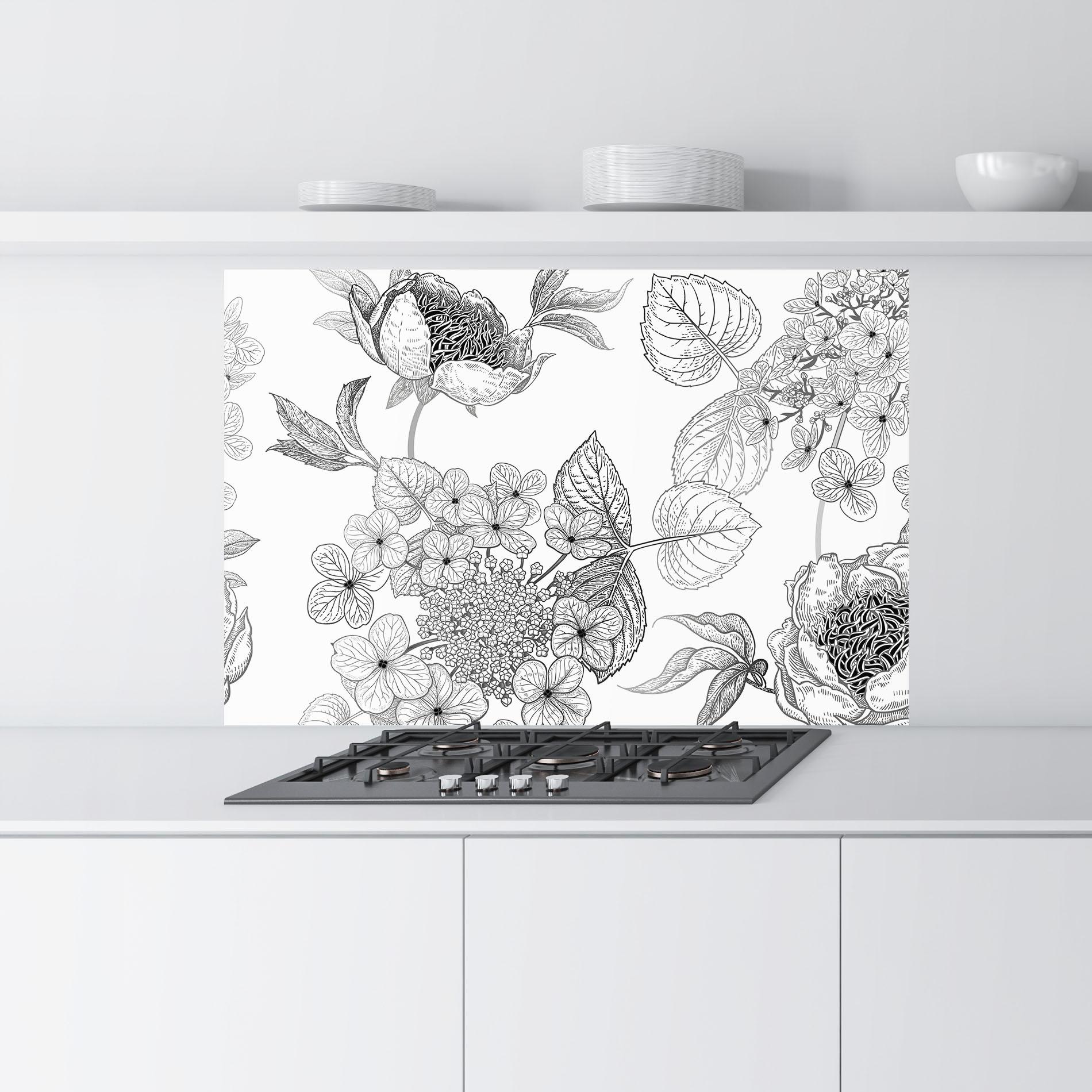 Küchenrückwand Glas Black Line Flower mockup 9