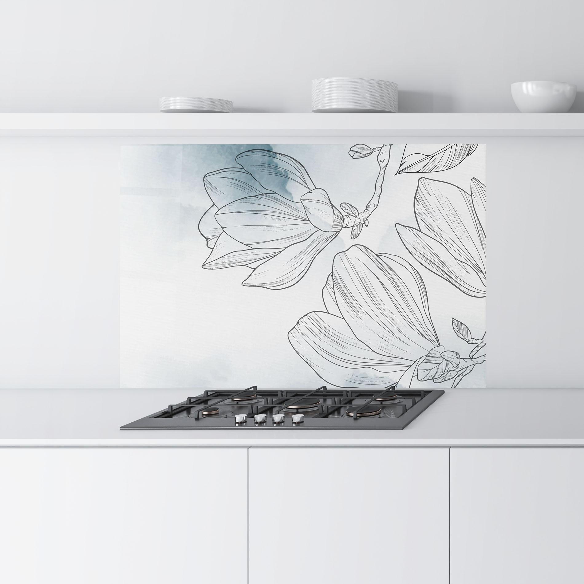 Küchenrückwand Glas Blue Line Flower mockup 9