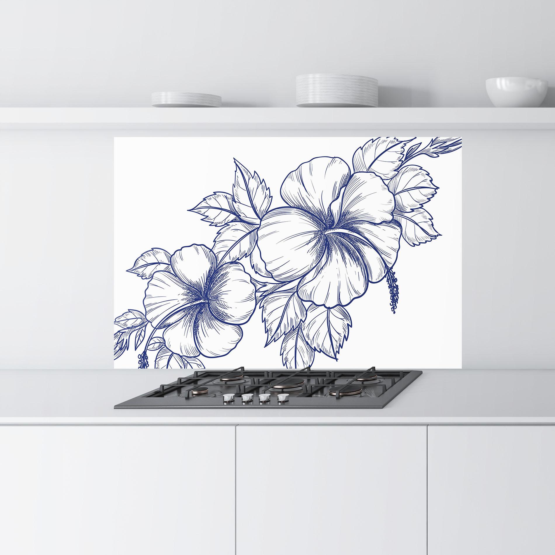 Küchenrückwand Glas Dark Blue Line Flower mockup 9