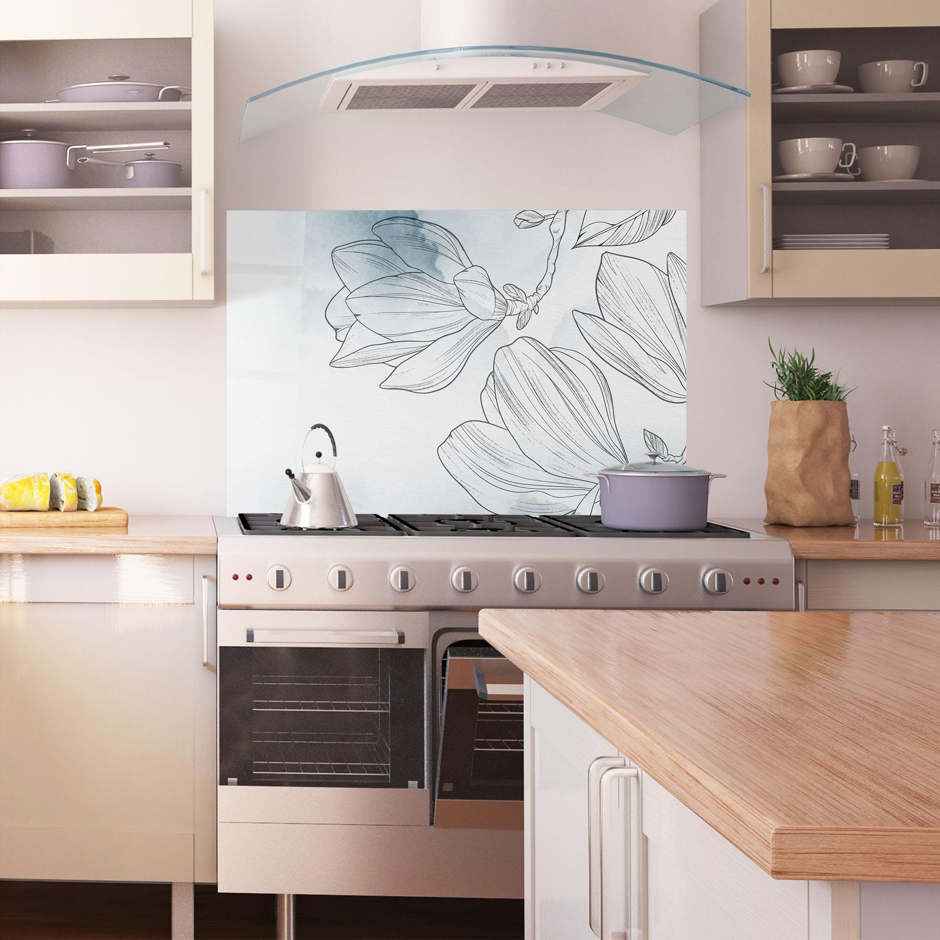 Küchenrückwand Glas Blue Line Flower mockup 1