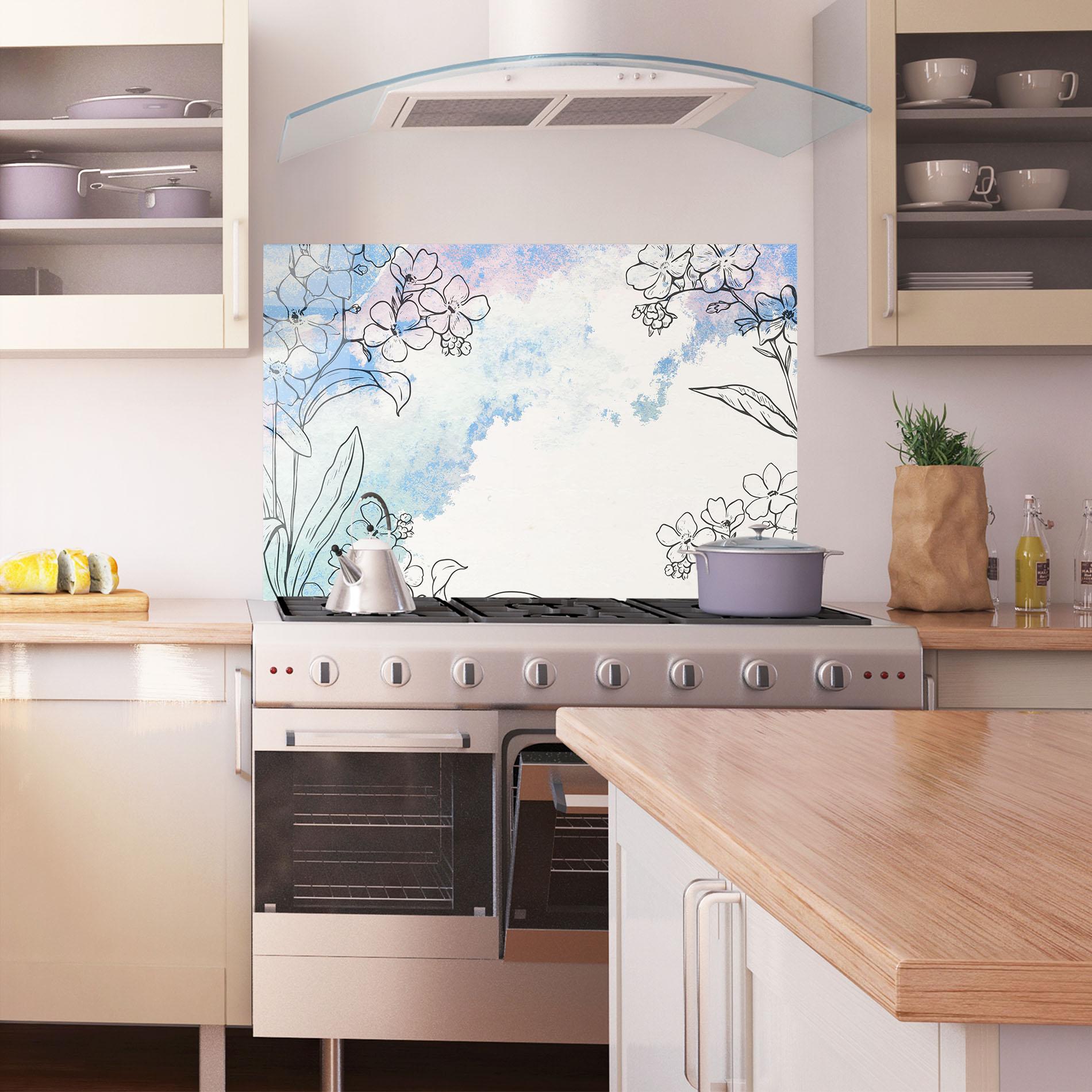 Küchenrückwand Glas Blue Watercolor Flower mockup 1