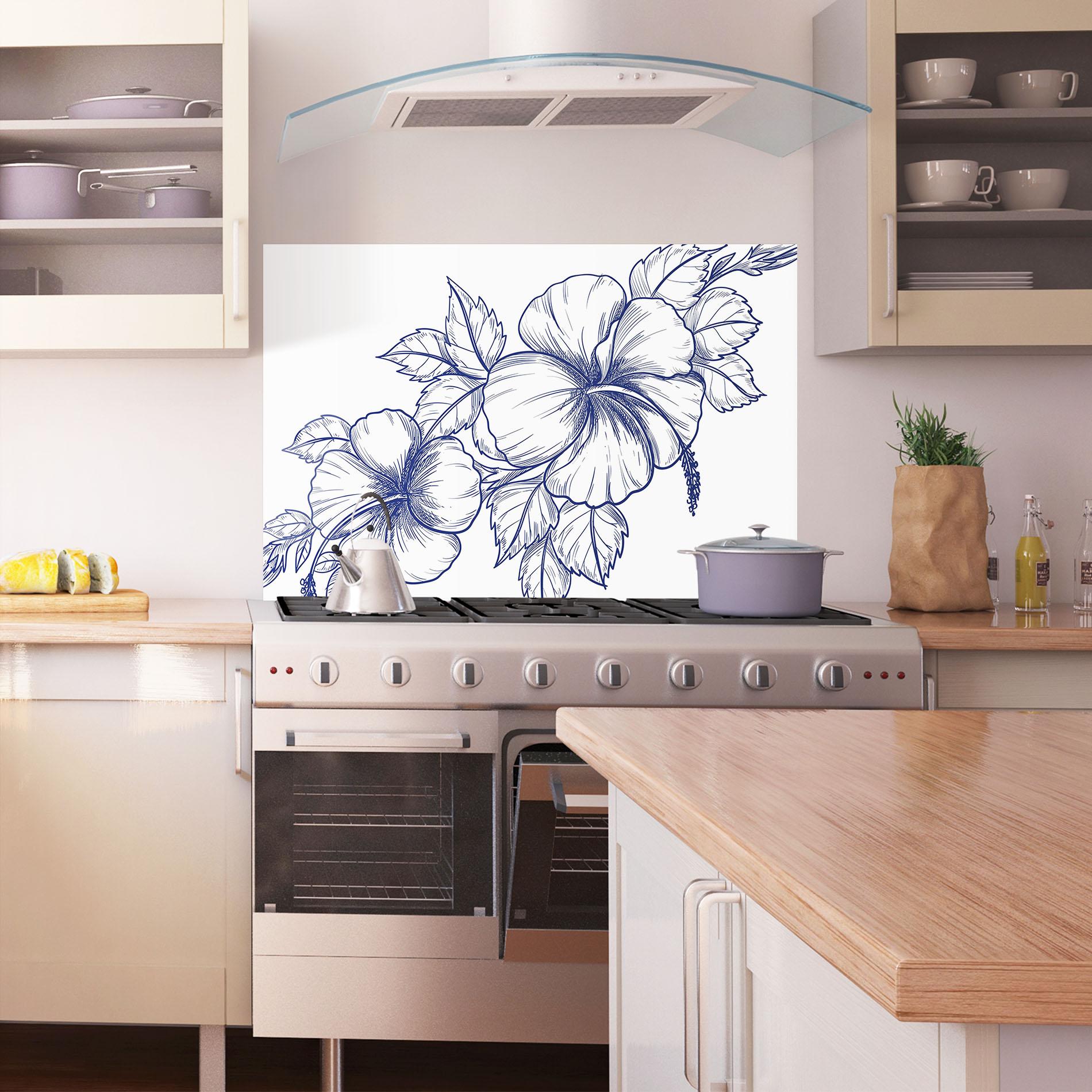 Küchenrückwand Glas Dark Blue Line Flower mockup 1