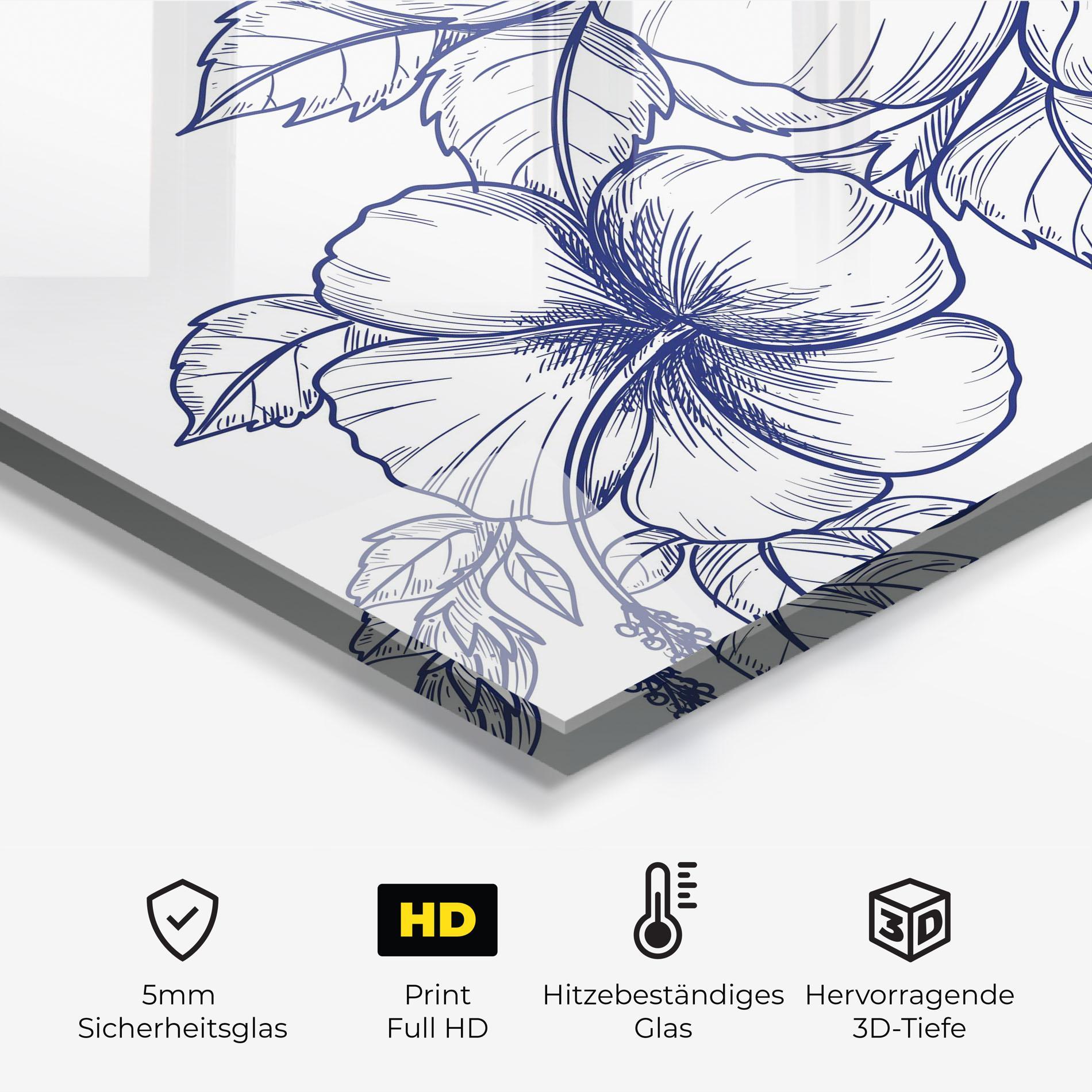 Küchenrückwand Glas Dark Blue Line Flower mockup 2