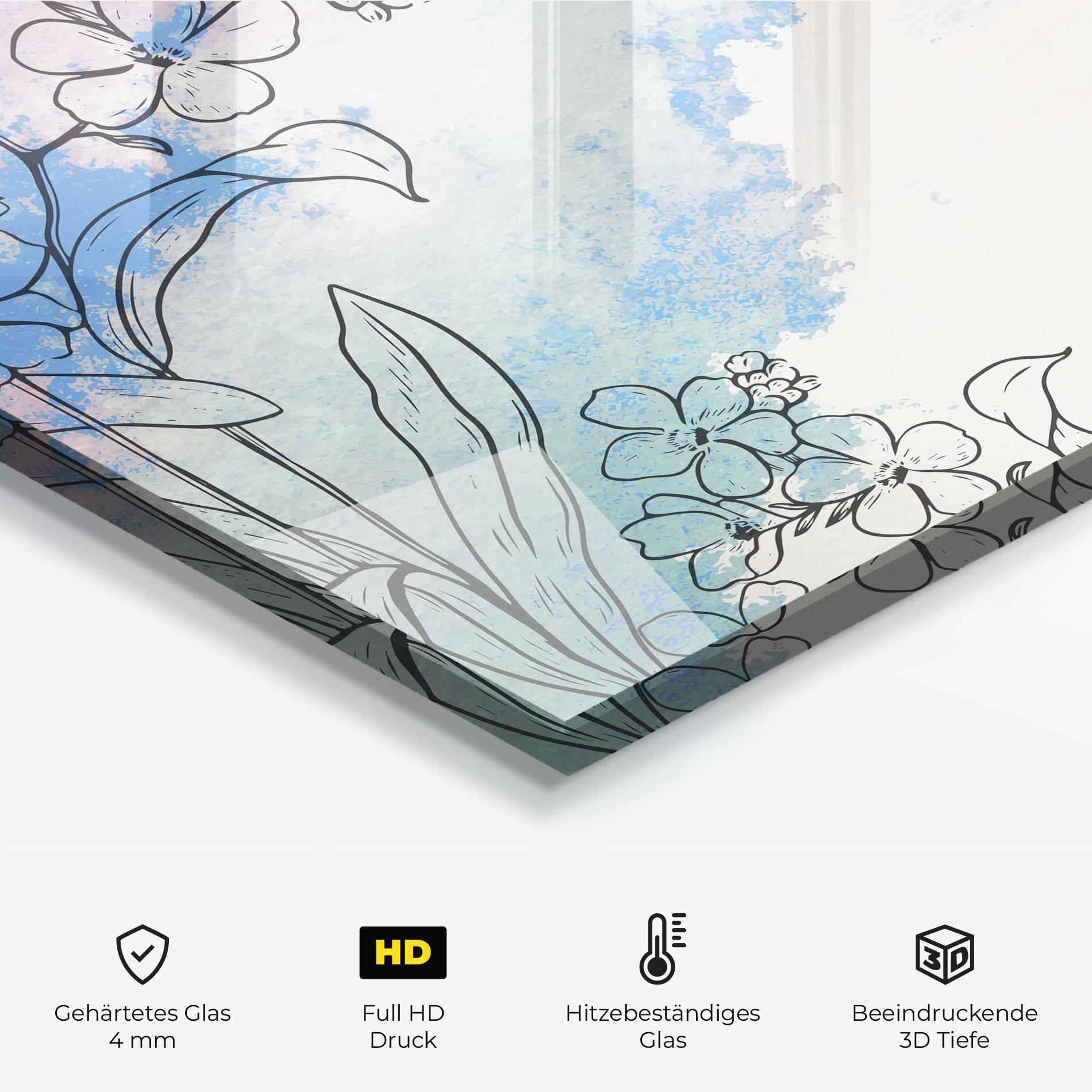 Küchenrückwand Glas Blue Watercolor Flower mockup 2