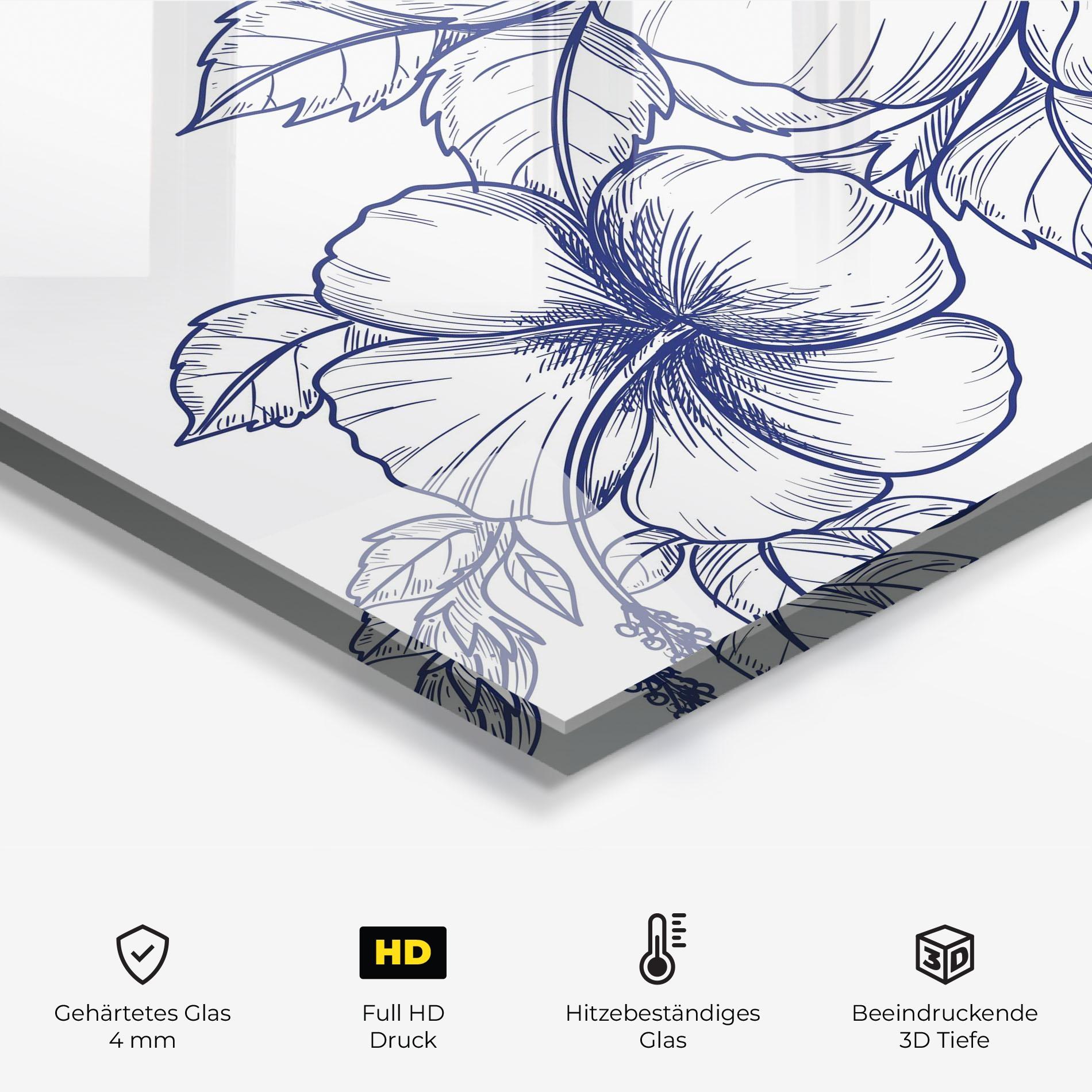 Küchenrückwand Glas Dark Blue Line Flower mockup 2