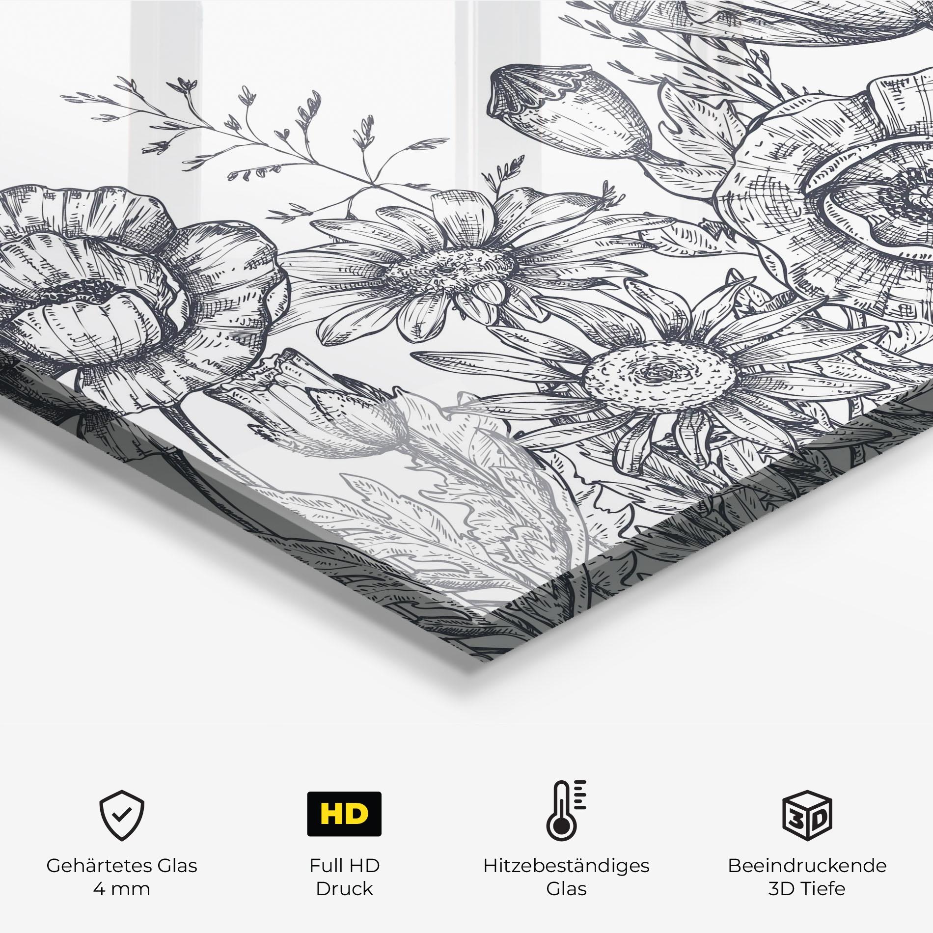 Küchenrückwand Glas Flower Grey Line mockup 2