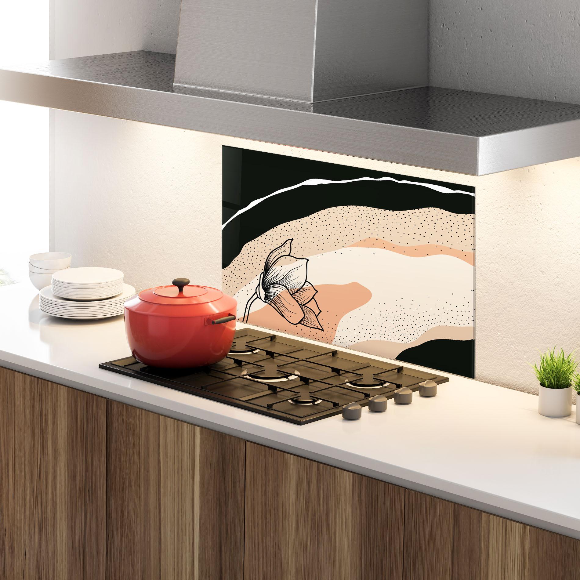 Küchenrückwand Glas Black Line Art Plant mockup 4